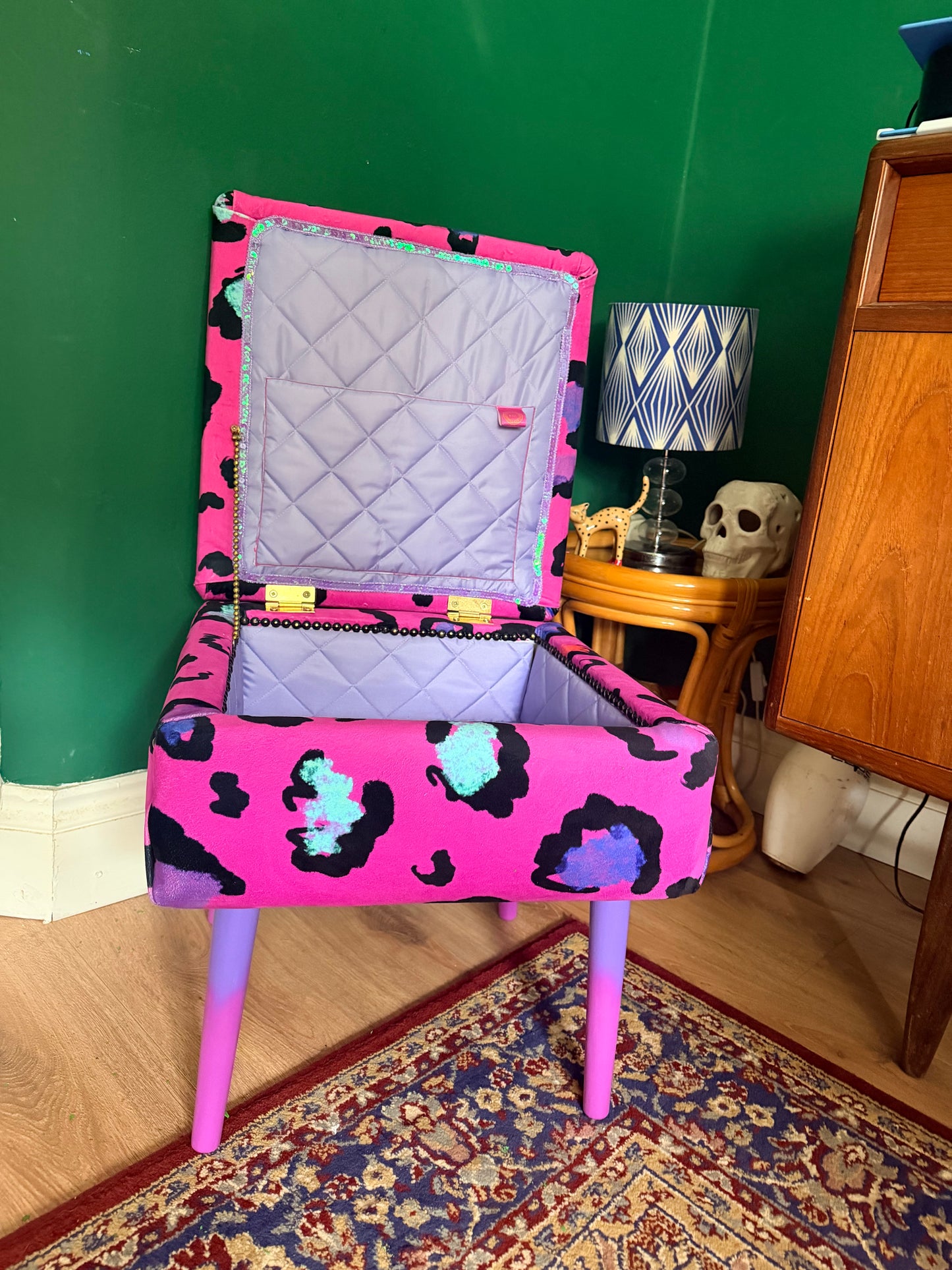 Pink leopard print storage footstool