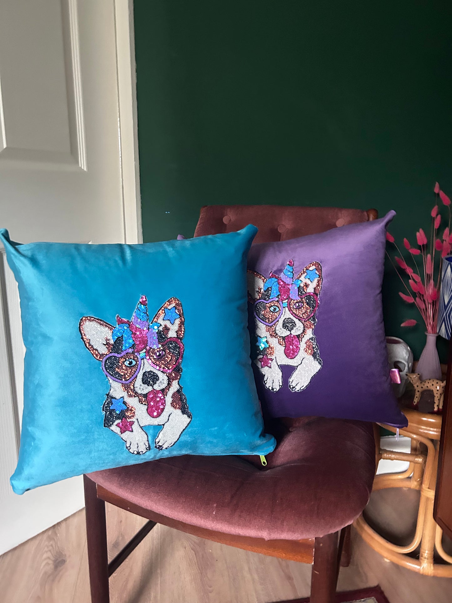 Velvet cushion with sequin unicorn dog