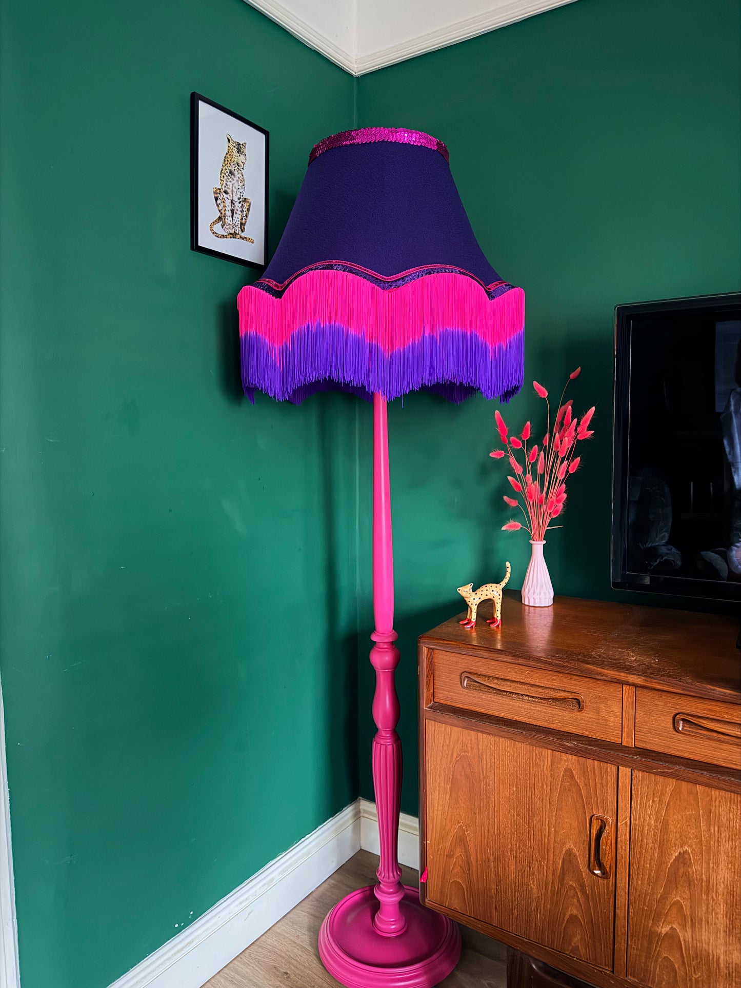 Bright pink vintage lamp stand with sequin lampshade