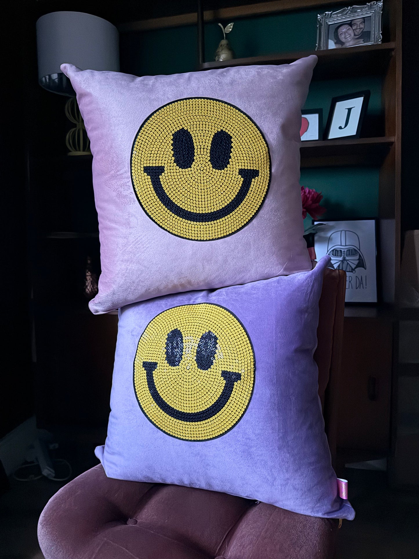 Pastel velvet smiley cushions