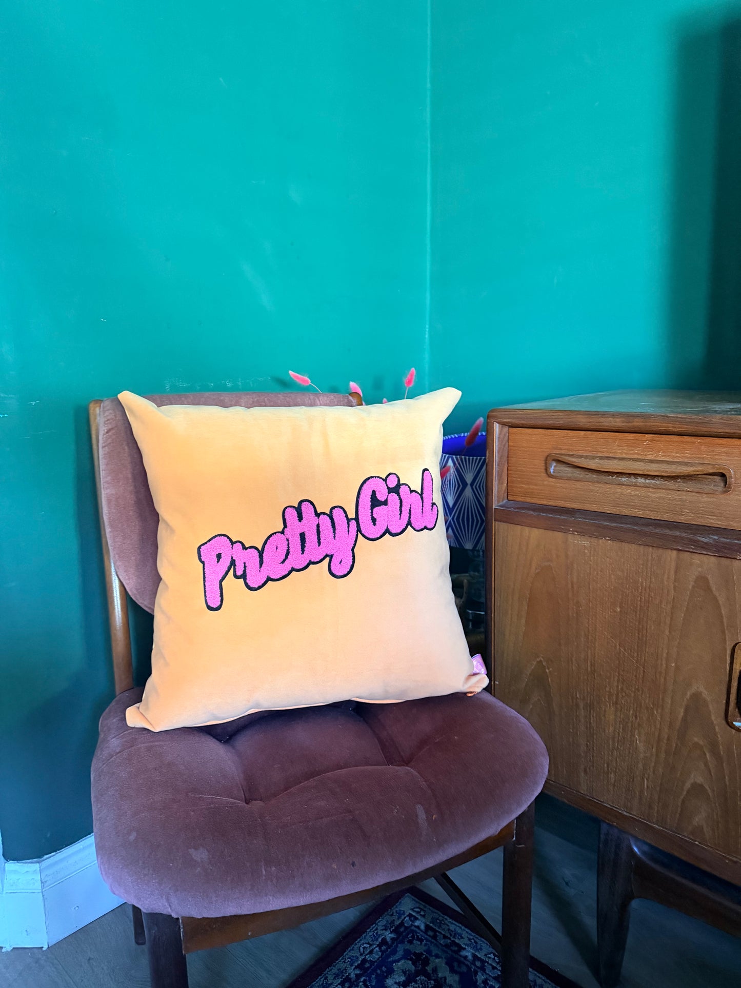 Peach velvet pretty girl cushion