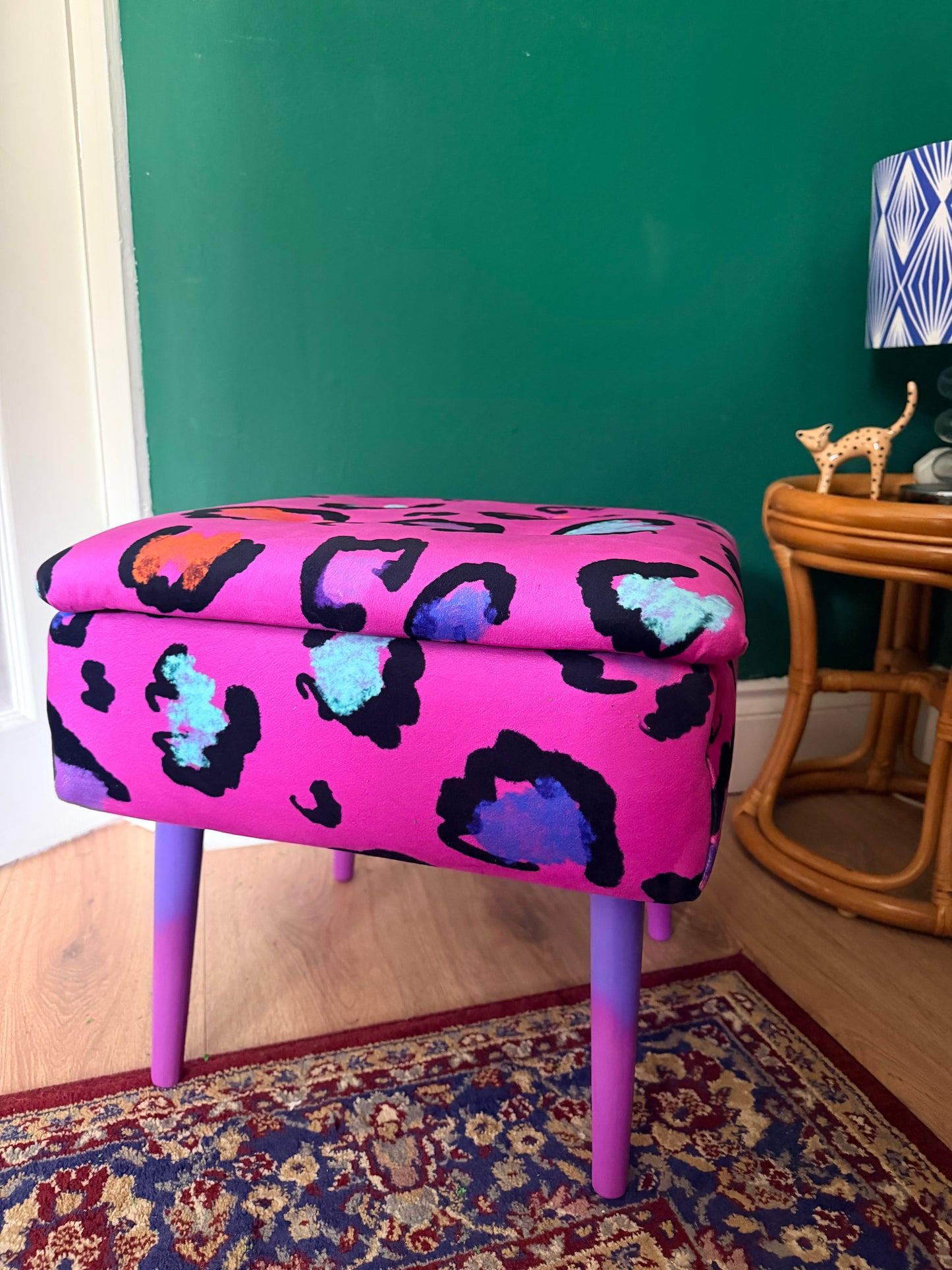 Pink leopard print storage footstool