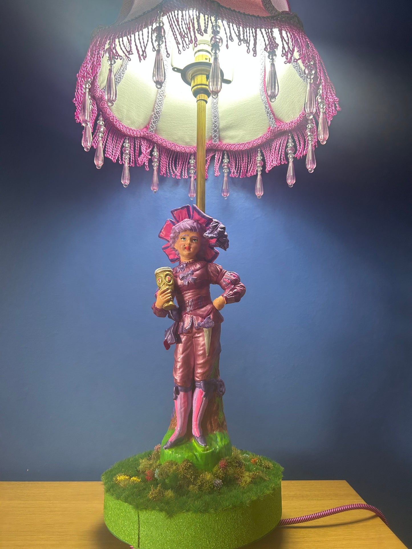 Figurine lamps with colourful scalloped lampshades