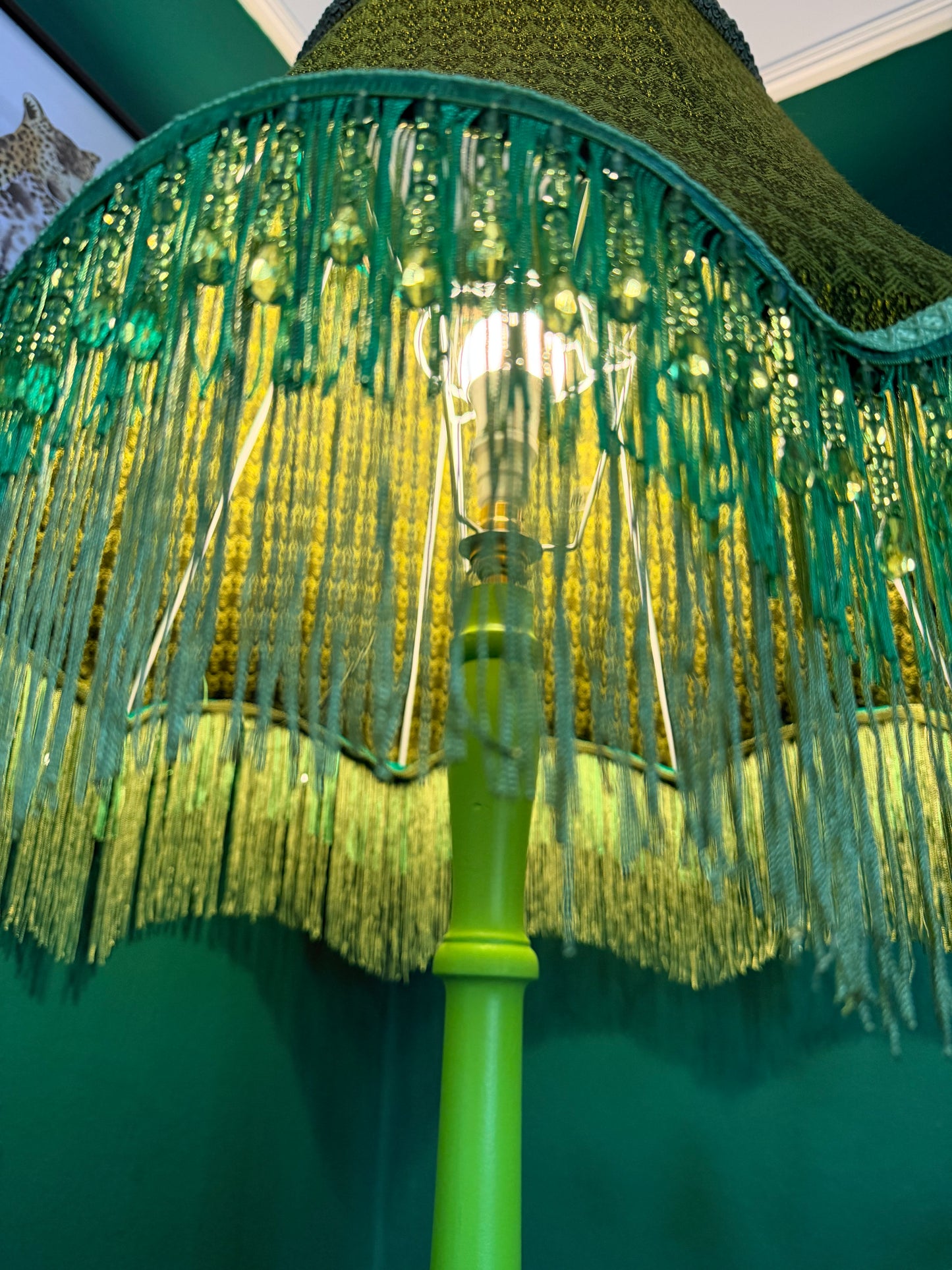 Neon green vintage lamp stand with olive green lampshade
