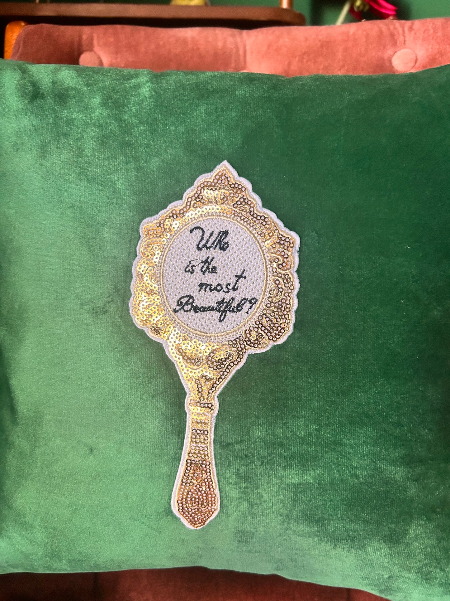 Green velvet mirror cushion