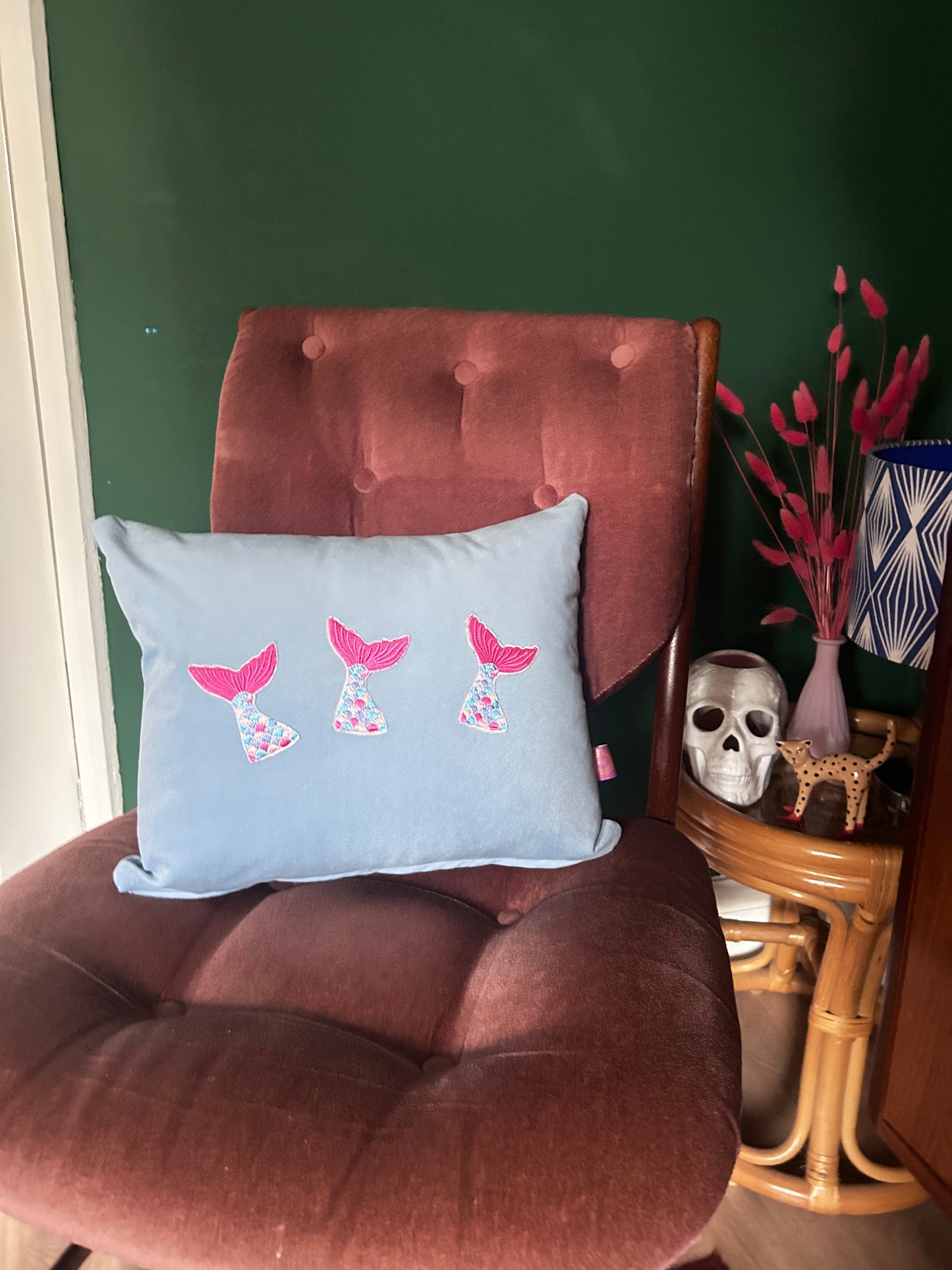 sky blue Velvet cushion with mermaid tails