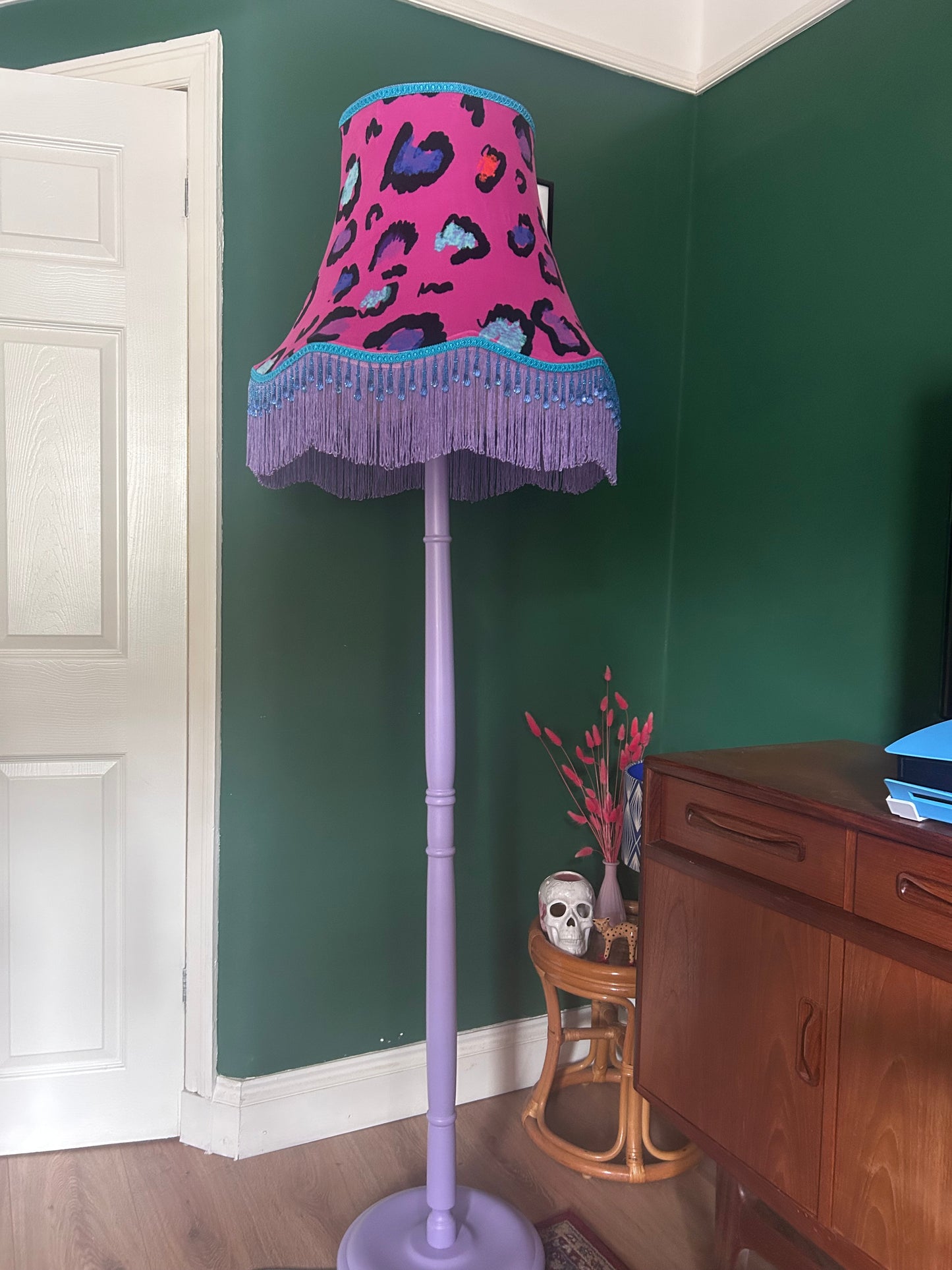 Pink leopard velvet lampshade on tall lilac lamp stand
