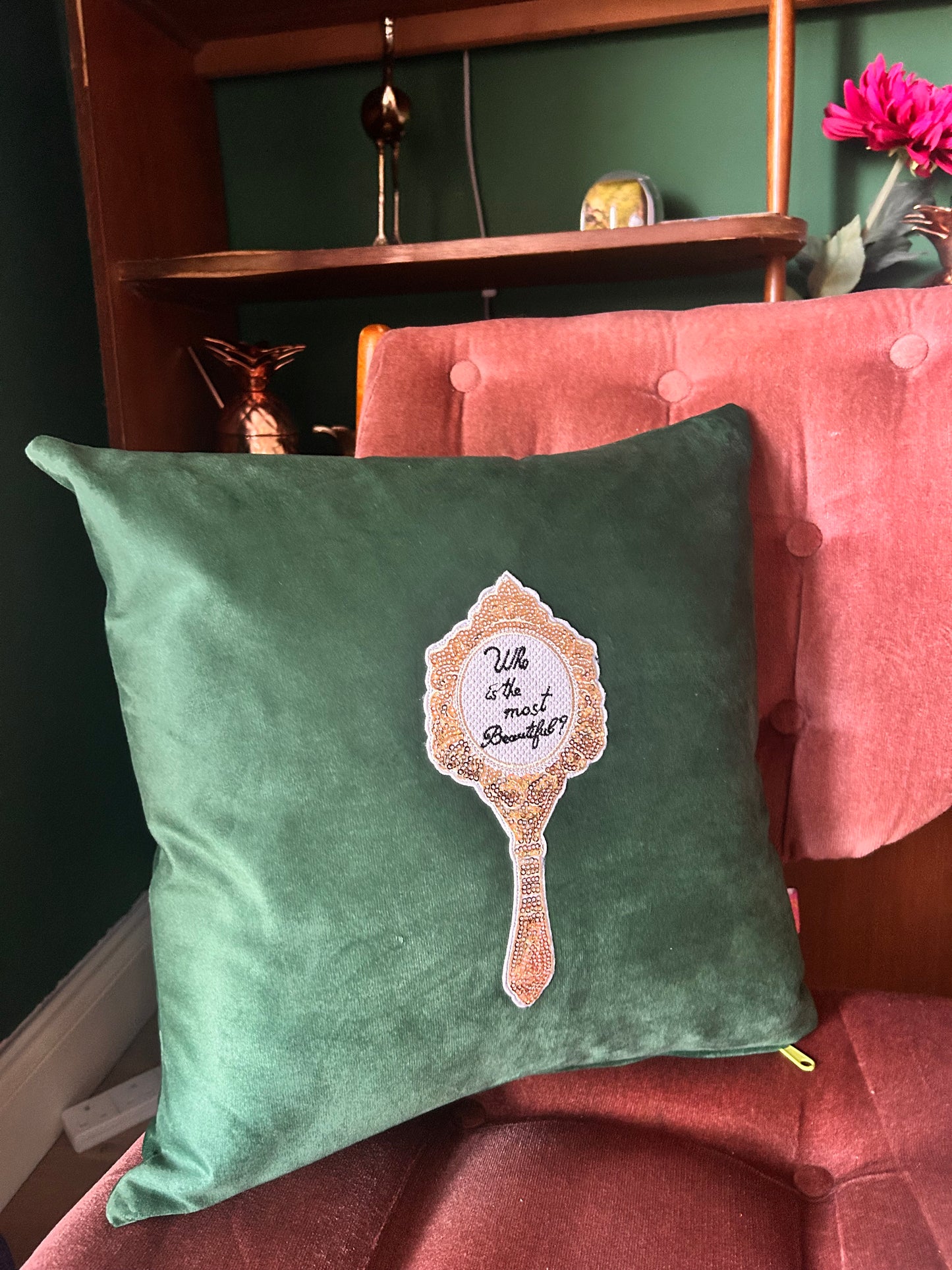 Green velvet mirror cushion