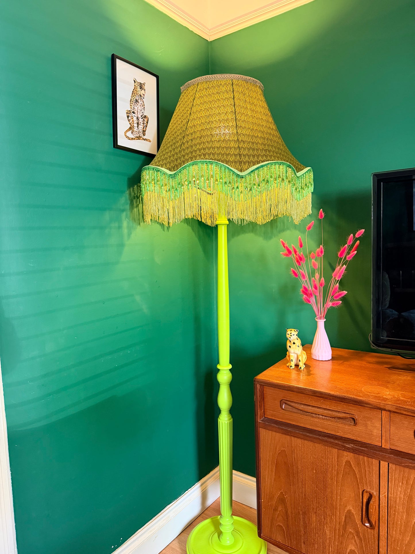 Neon green vintage lamp stand with olive green lampshade