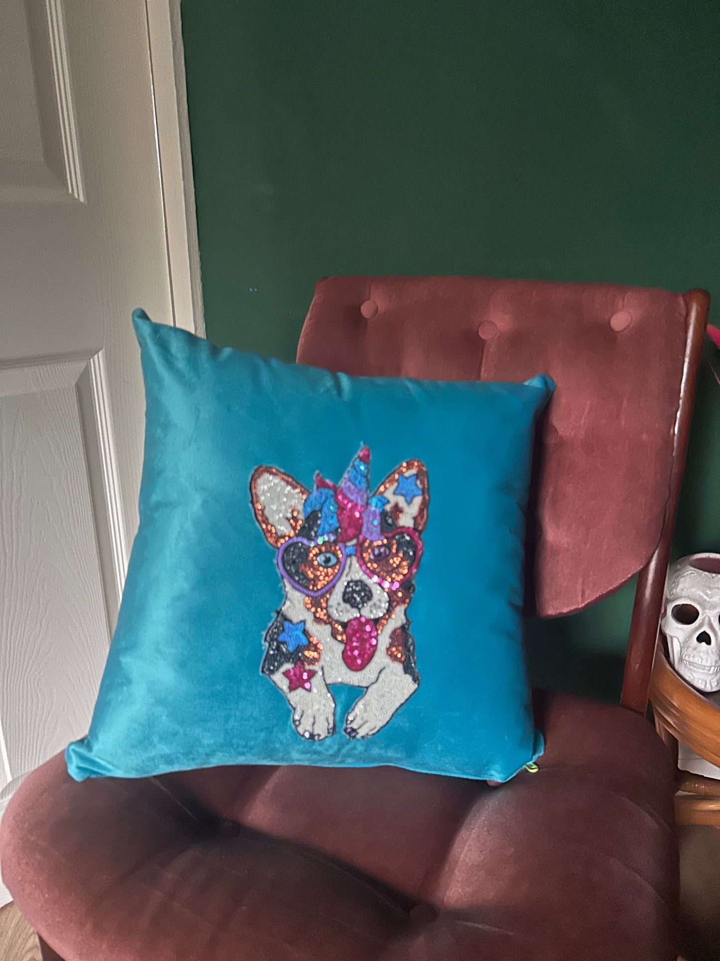 Velvet cushion with sequin unicorn dog