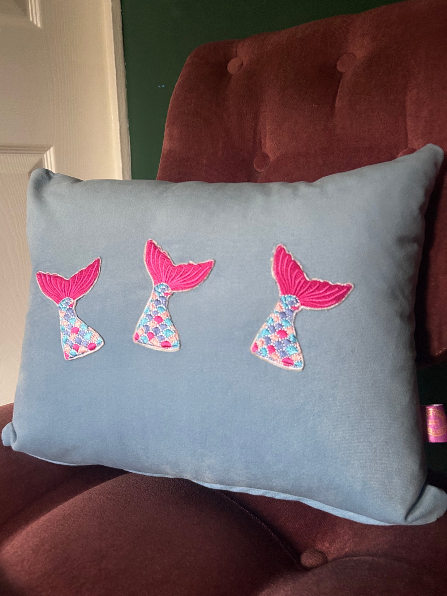 sky blue Velvet cushion with mermaid tails