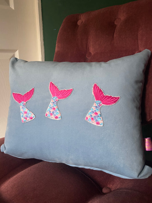 sky blue Velvet cushion with mermaid tails
