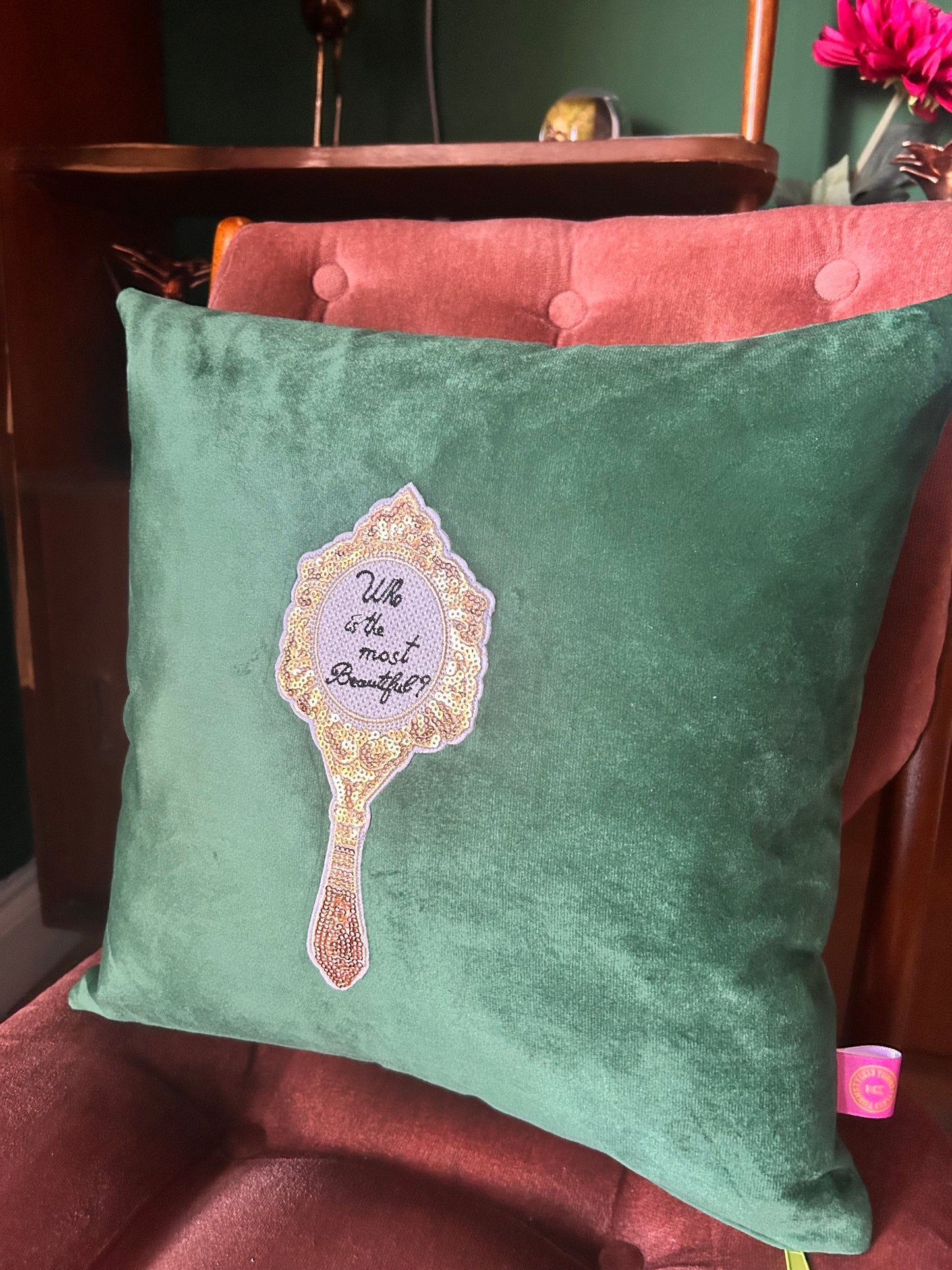 Green velvet mirror cushion