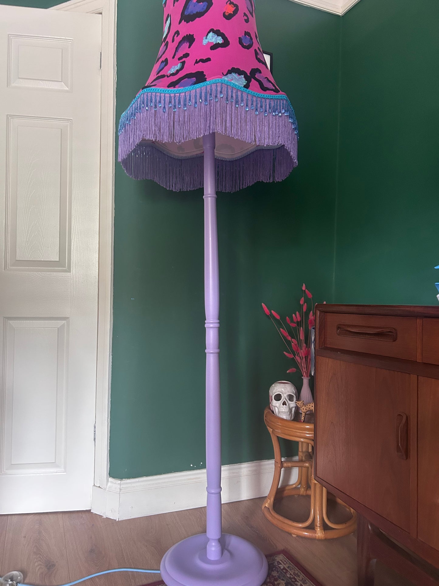 Pink leopard velvet lampshade on tall lilac lamp stand