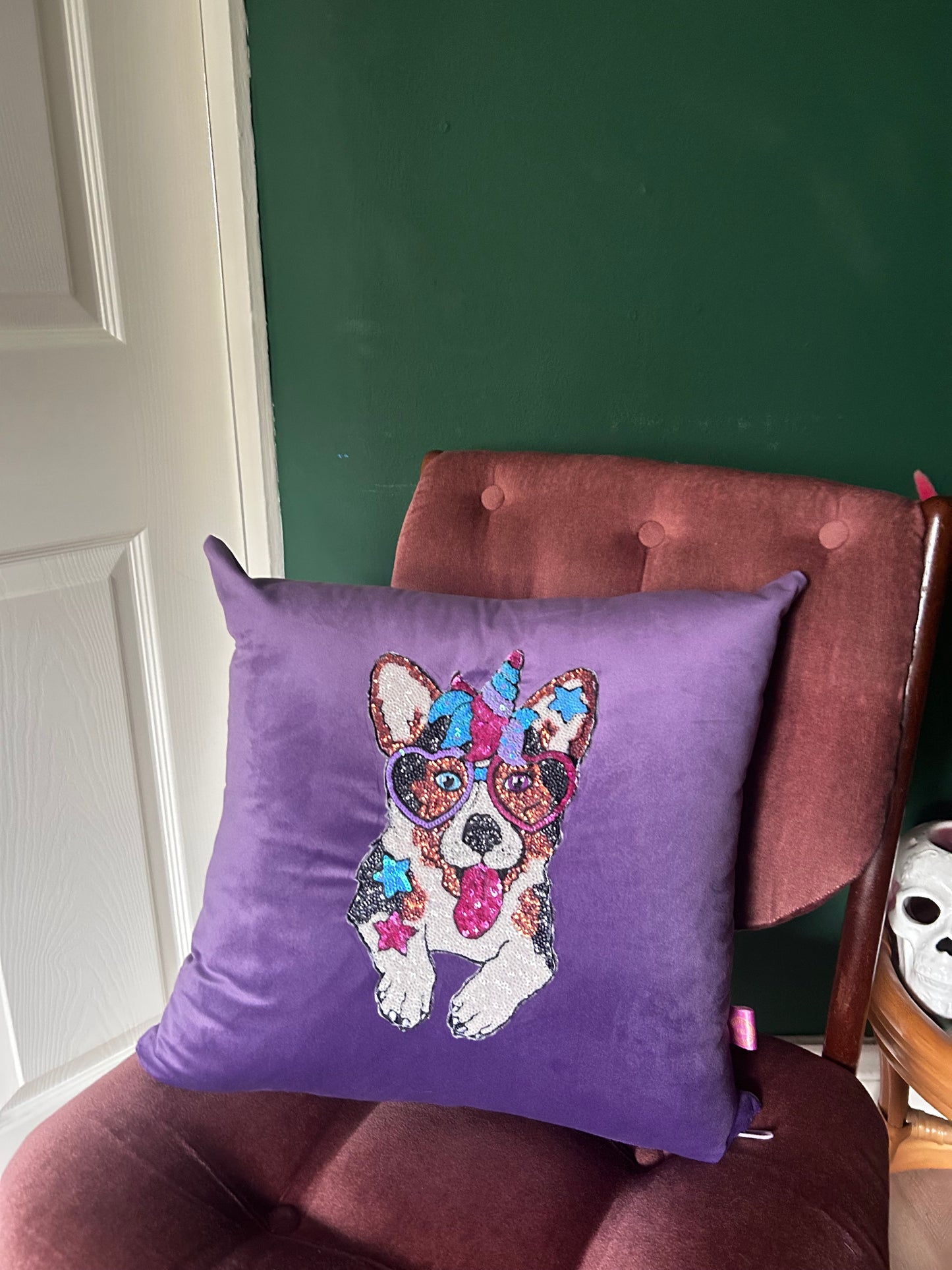 Velvet cushion with sequin unicorn dog