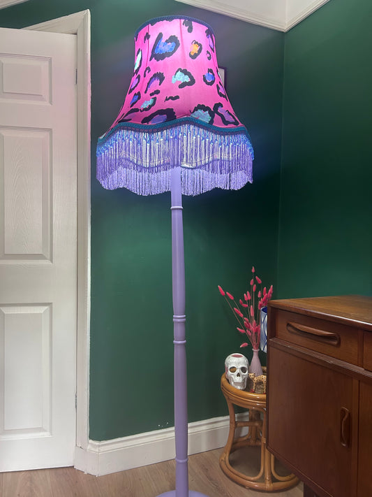 Pink leopard velvet lampshade on tall lilac lamp stand
