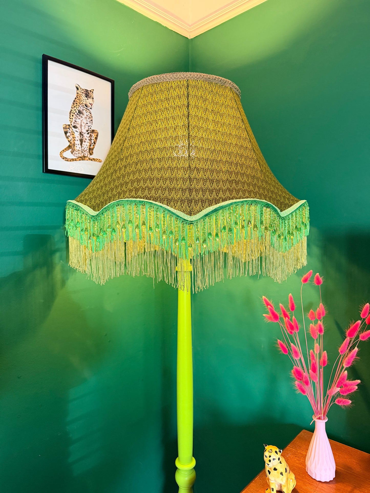 Neon green vintage lamp stand with olive green lampshade
