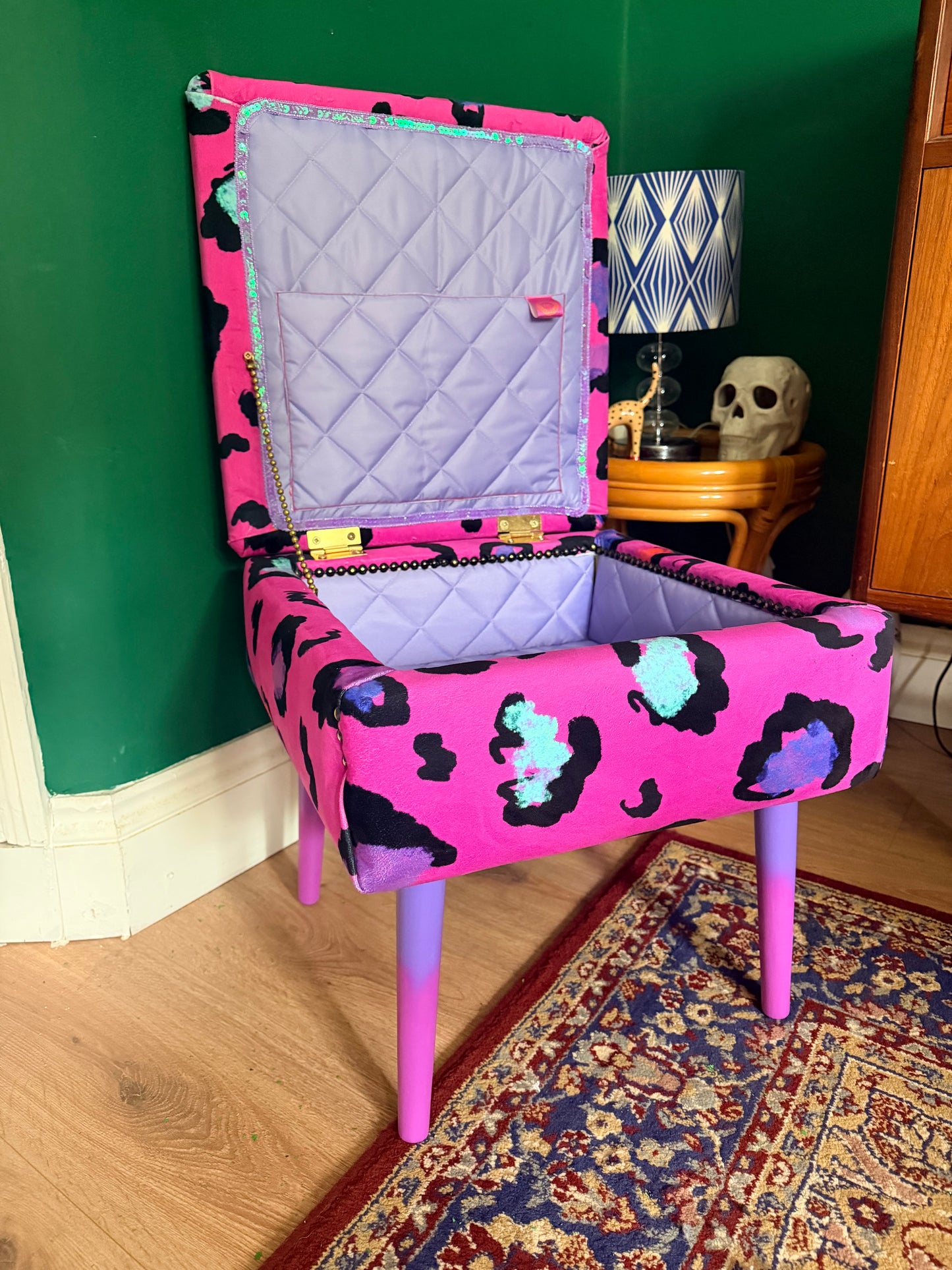 Pink leopard print storage footstool
