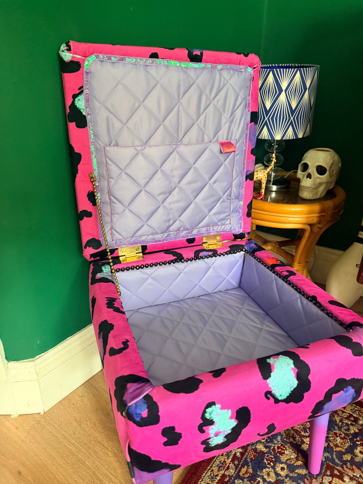 Pink leopard print storage footstool