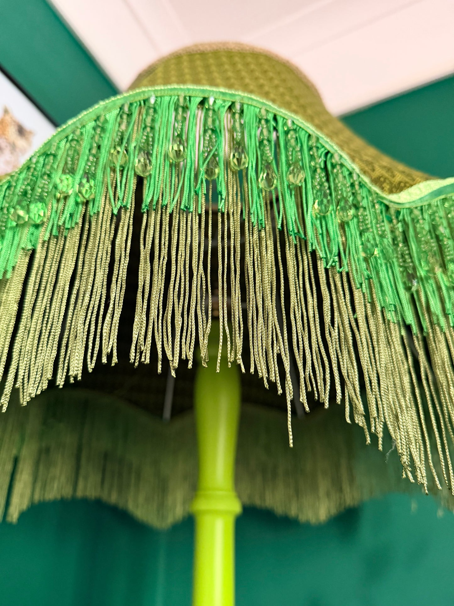 Neon green vintage lamp stand with olive green lampshade