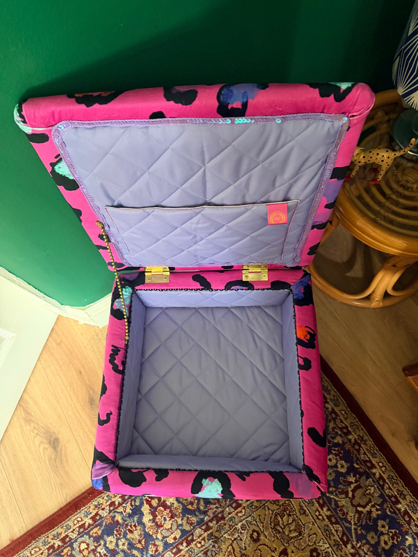 Pink leopard print storage footstool