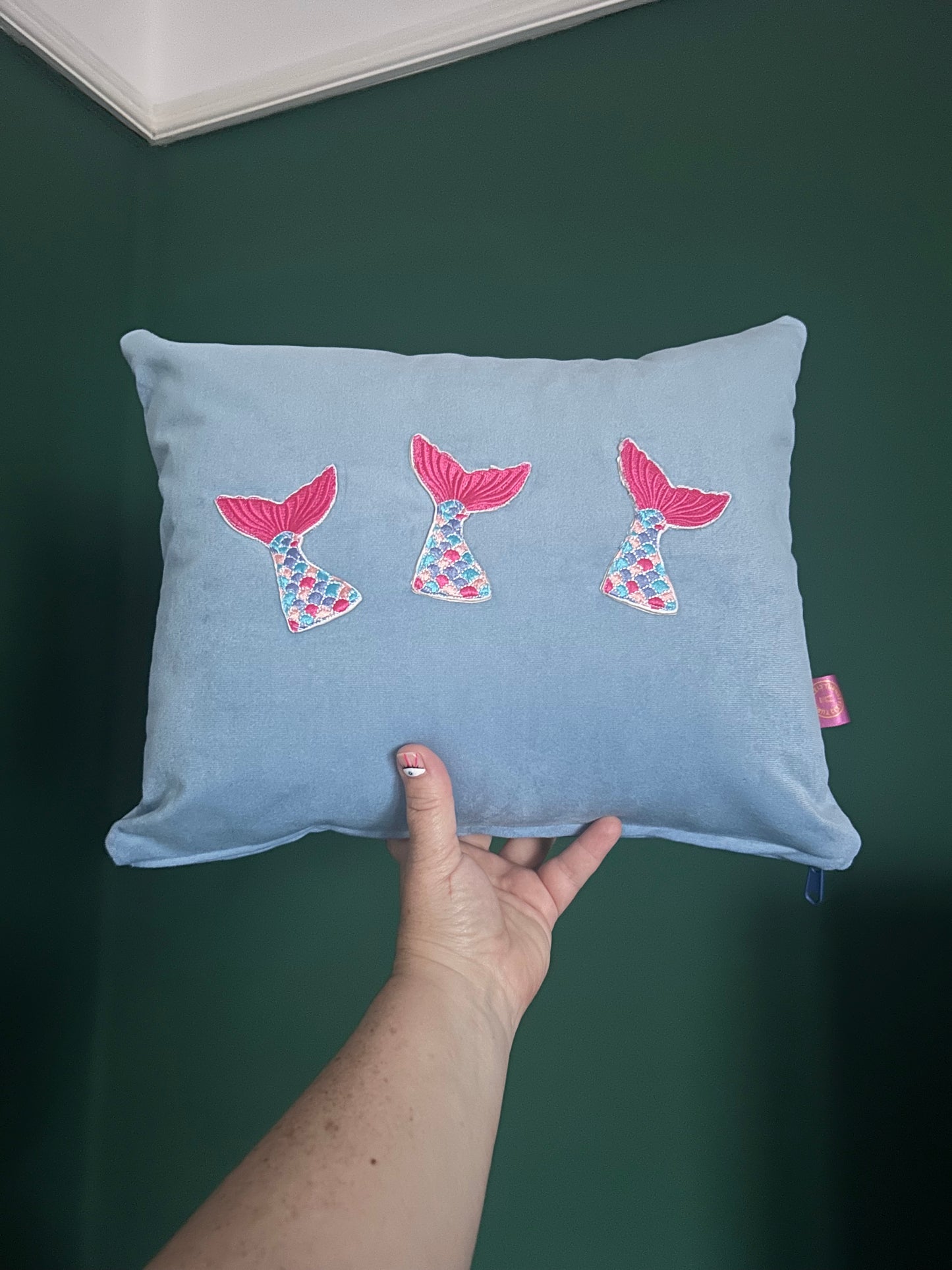 sky blue Velvet cushion with mermaid tails