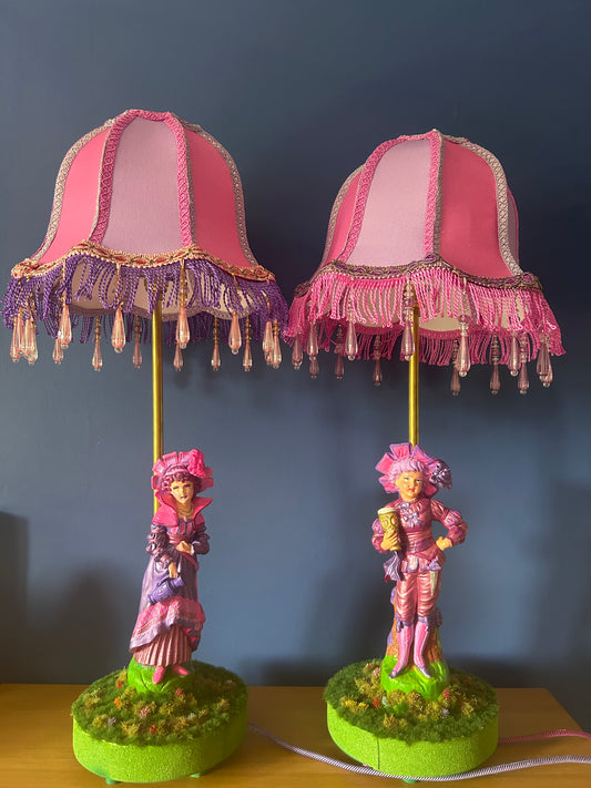 Figurine lamps with colourful scalloped lampshades