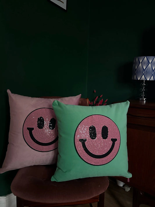 Pink smiley velvet cushion-SQ2880667