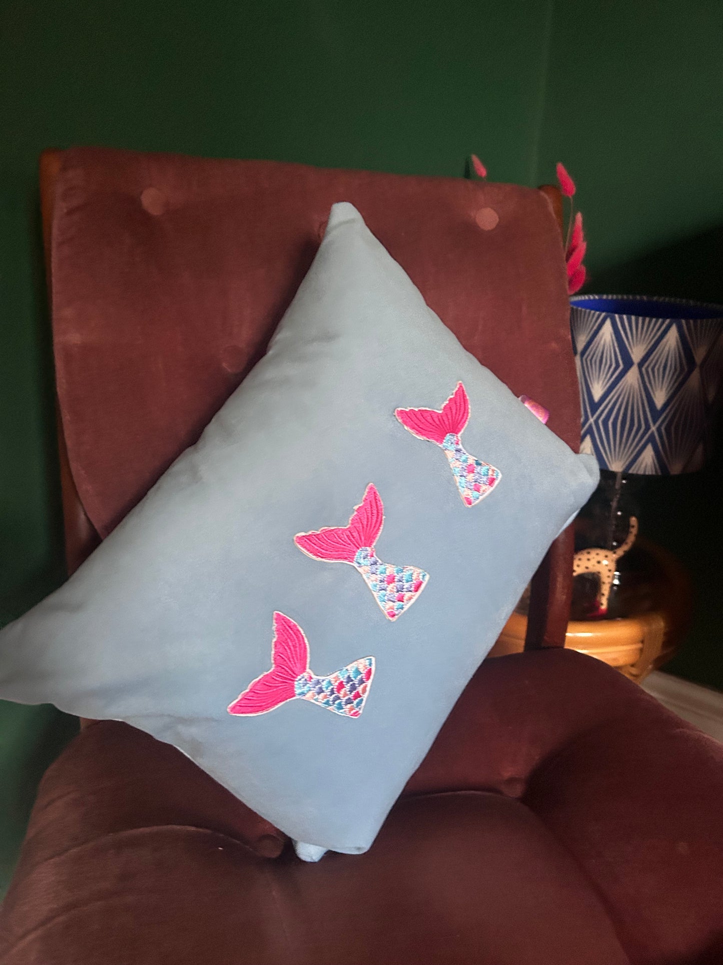 sky blue Velvet cushion with mermaid tails