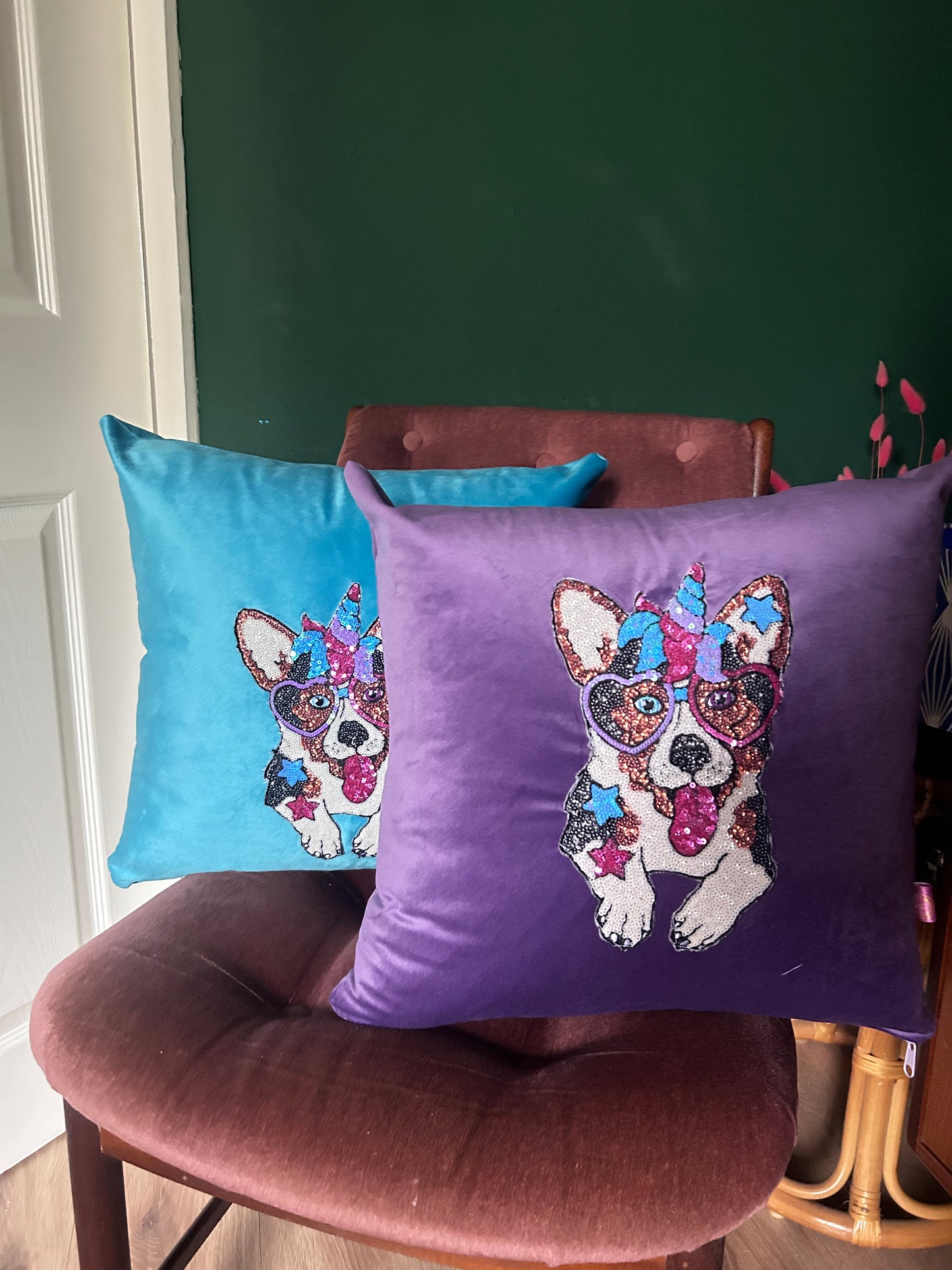 Velvet cushion with sequin unicorn dog