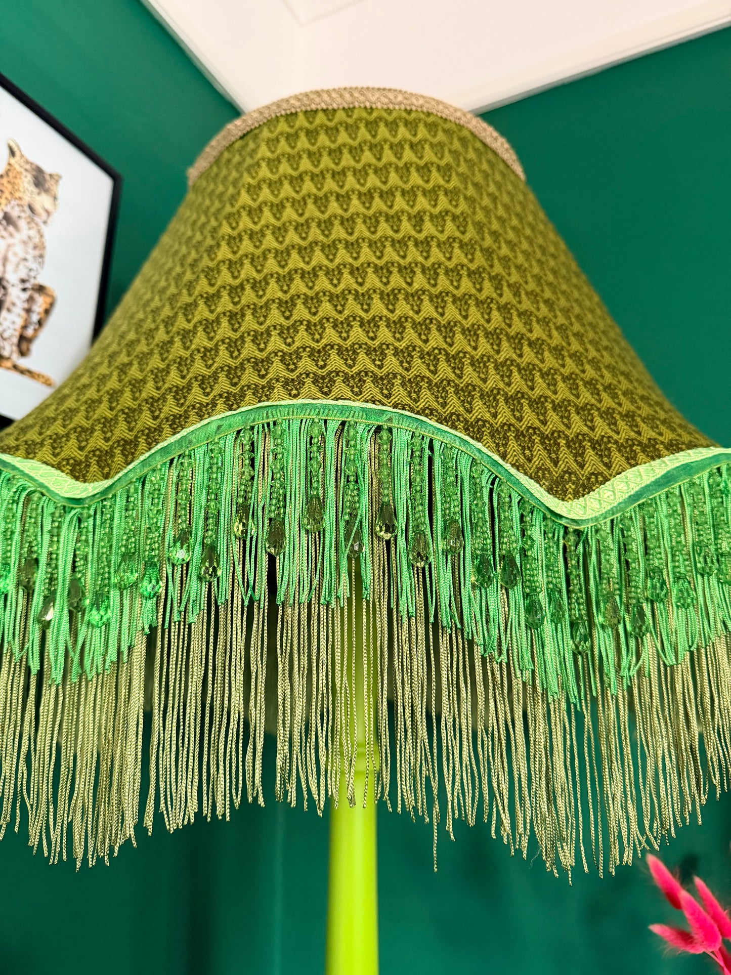 Neon green vintage lamp stand with olive green lampshade