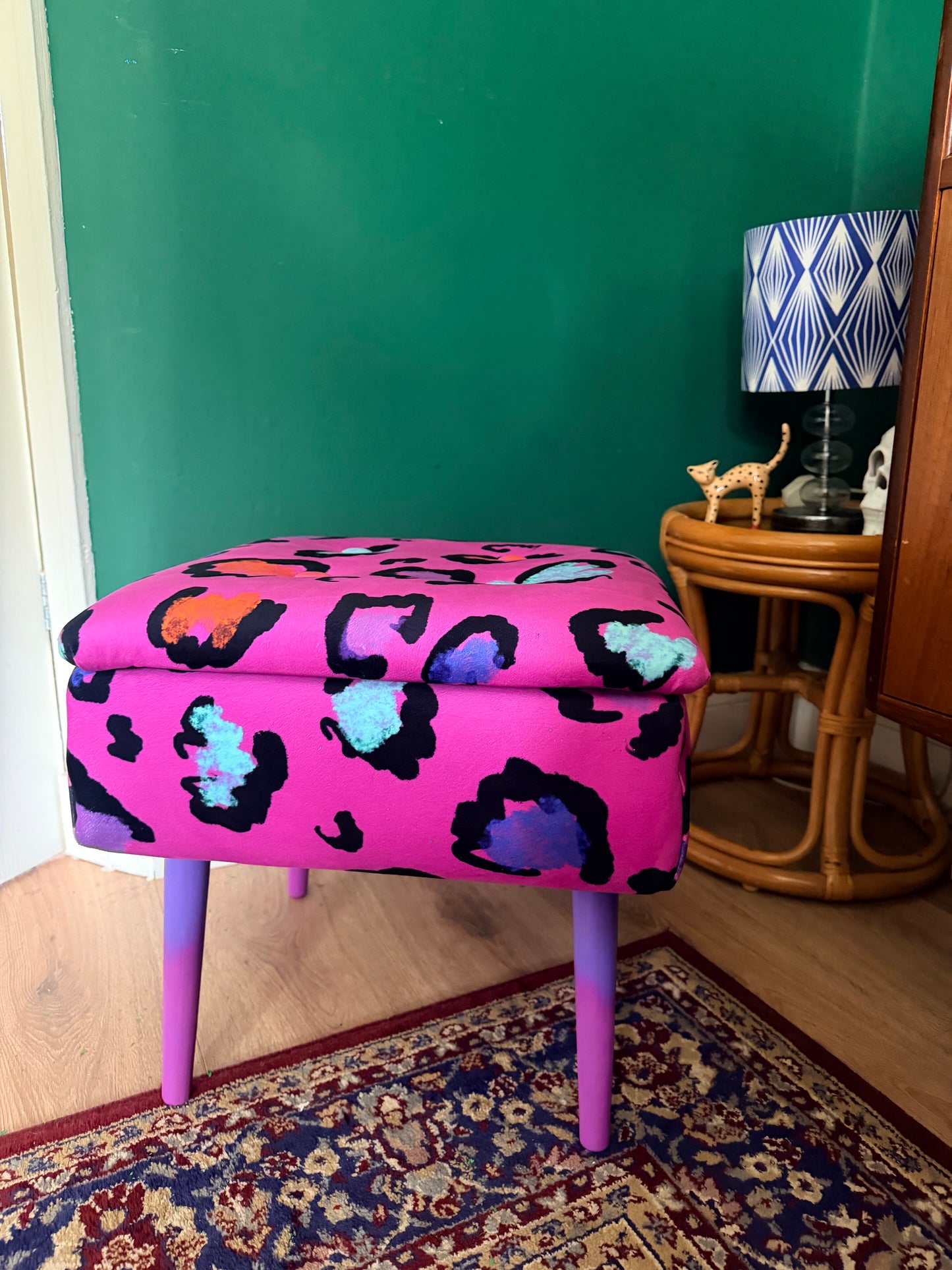 Pink leopard print storage footstool