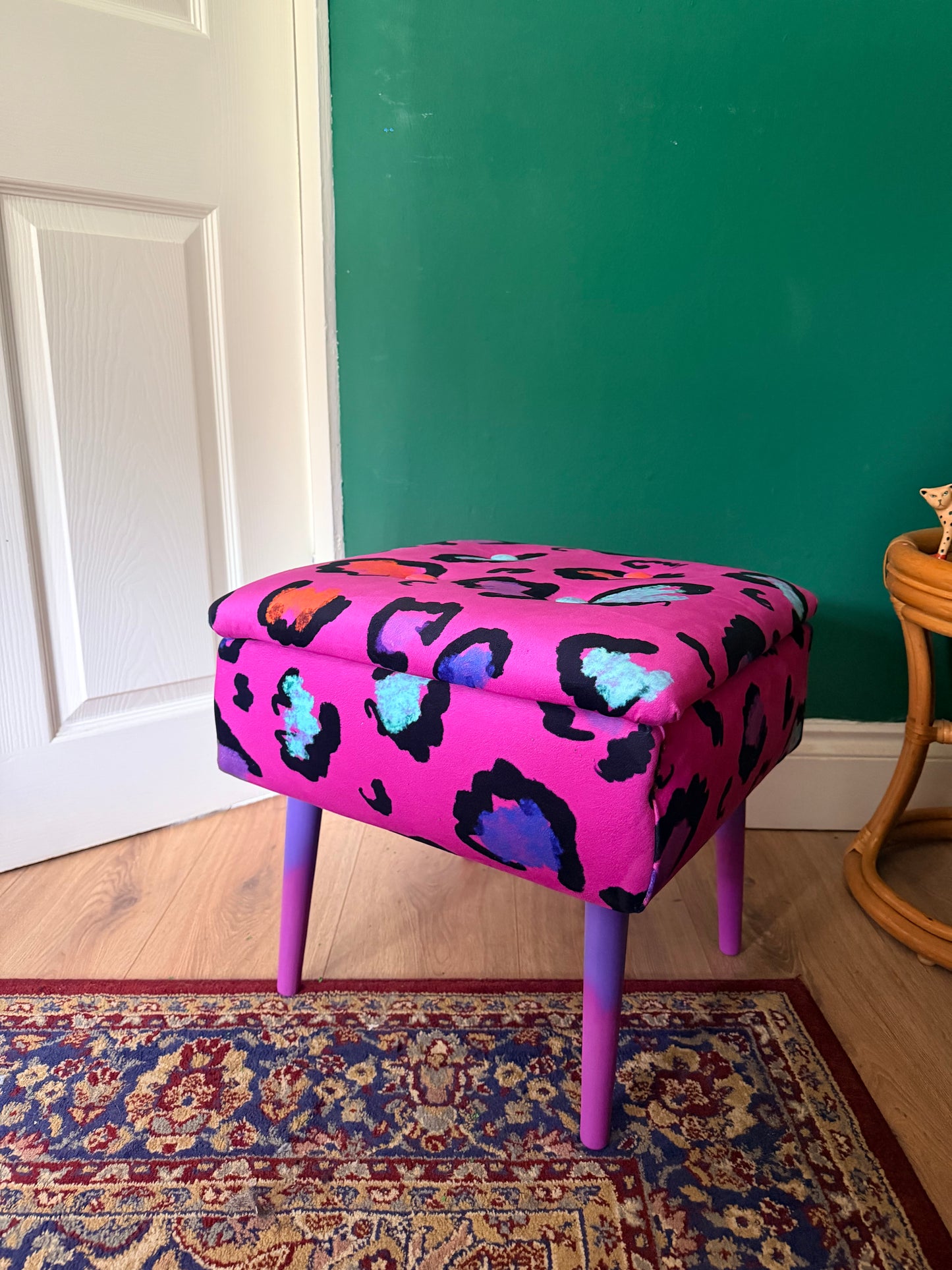 Pink leopard print storage footstool