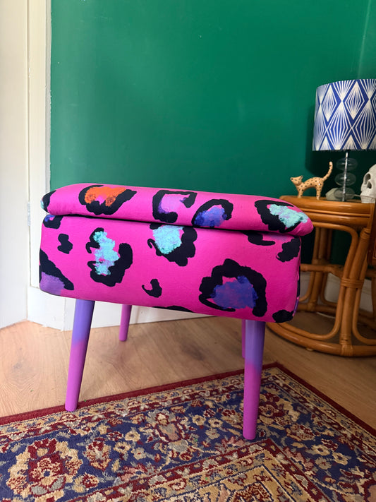 Pink leopard print storage footstool