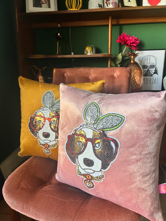 Velvet wee dug sequin cushion