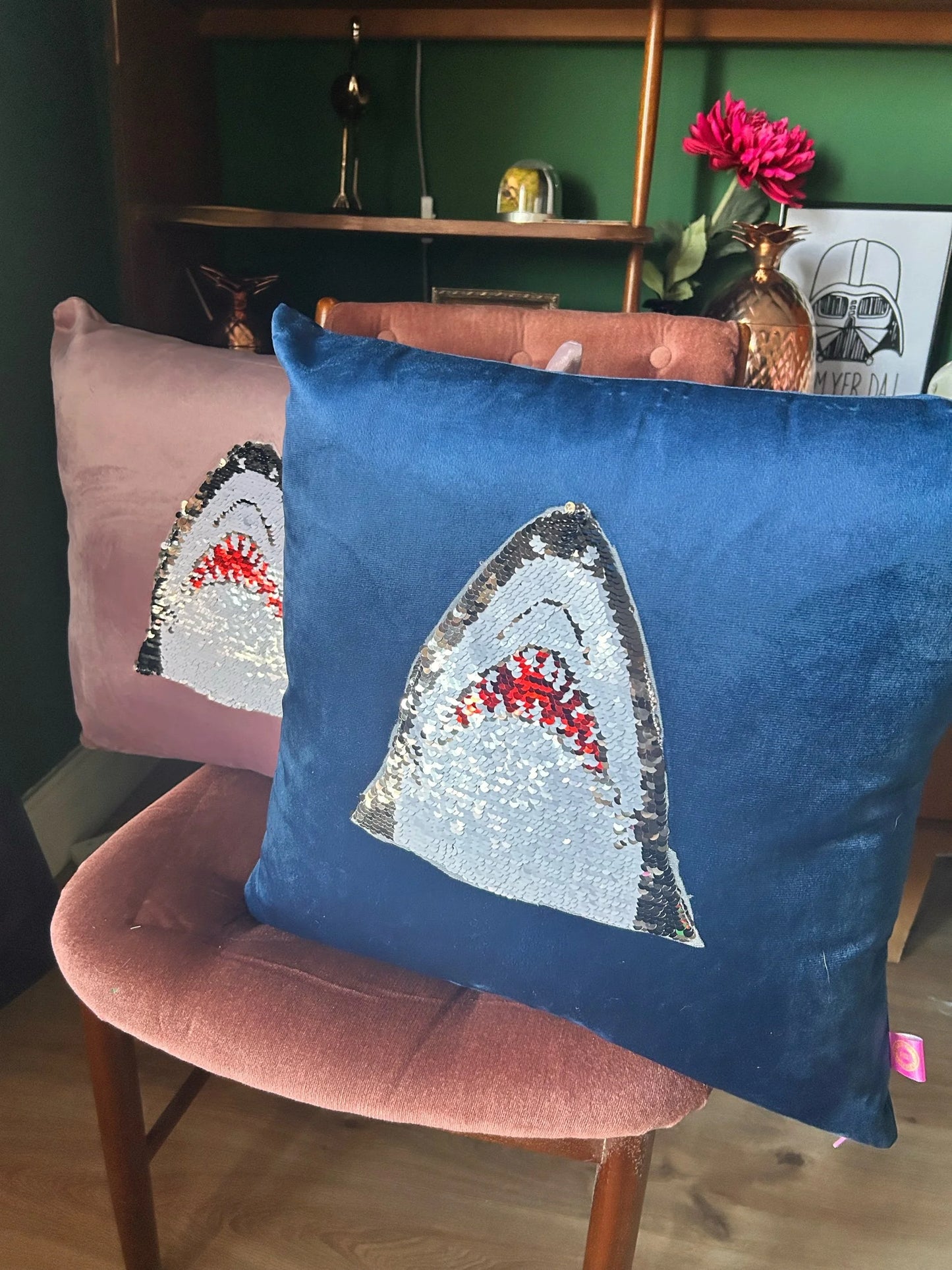 Velvet sequin shark cushion-SQ7275833