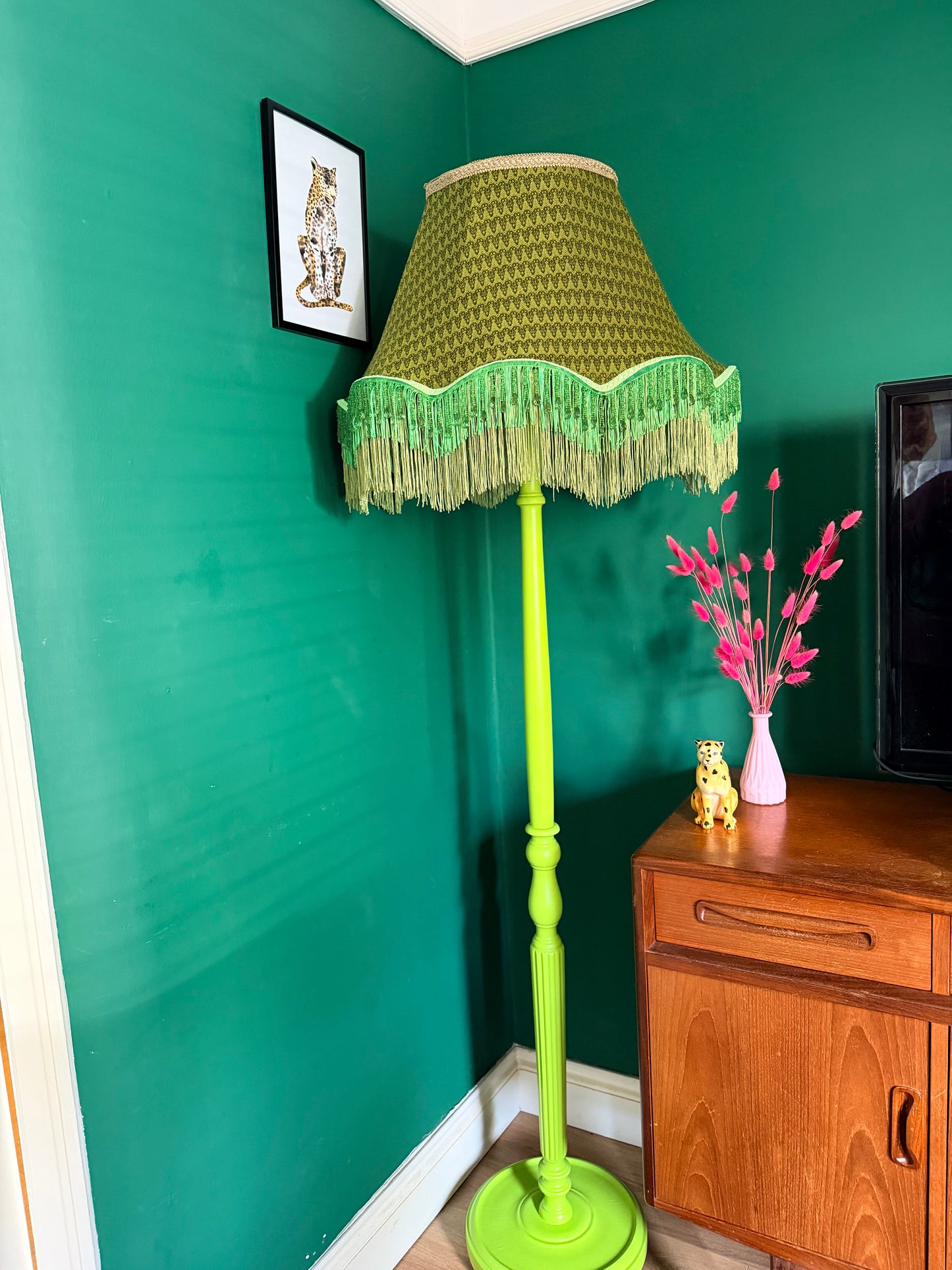 Neon green vintage lamp stand with olive green lampshade