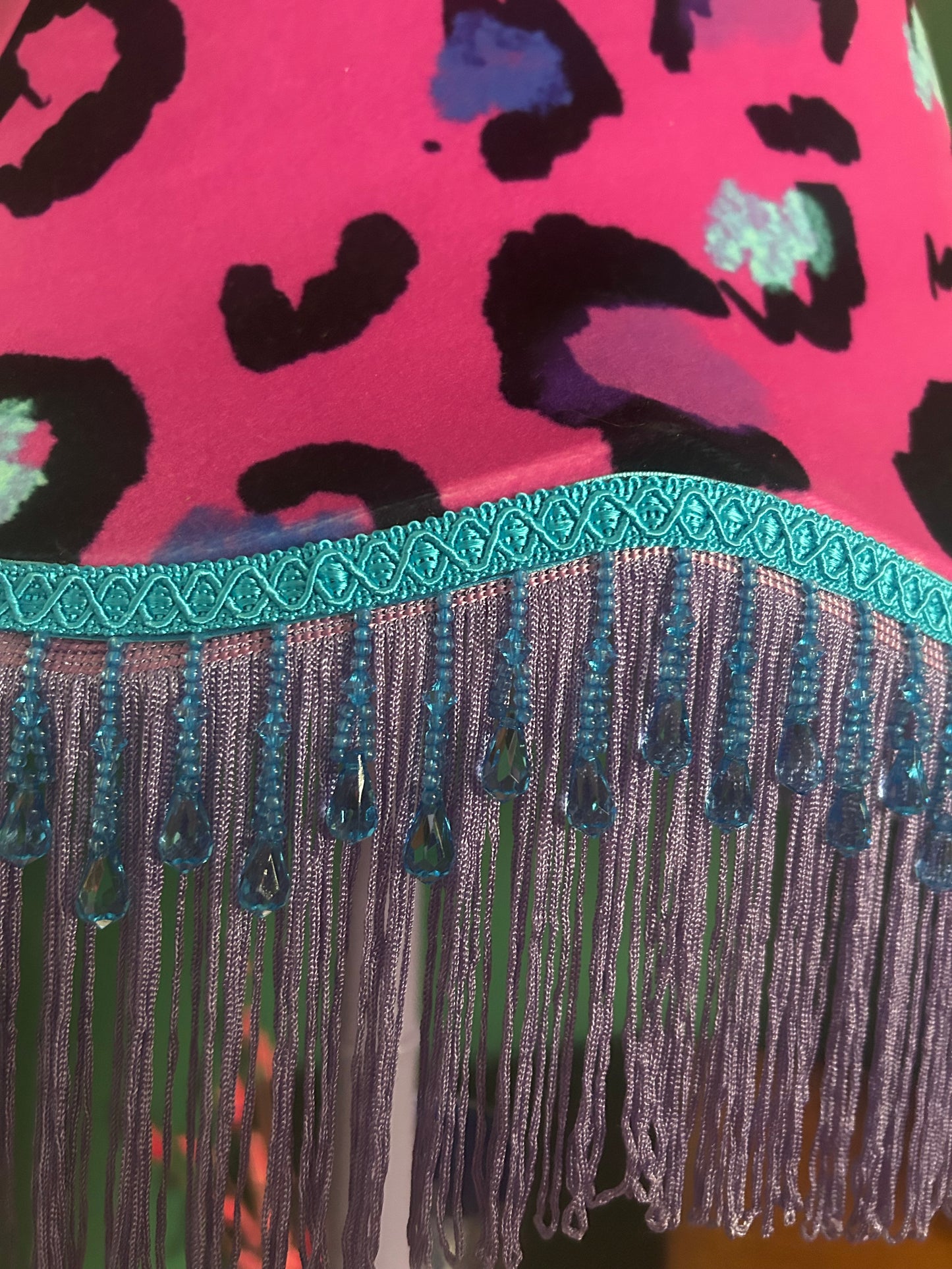 Pink leopard velvet lampshade on tall lilac lamp stand