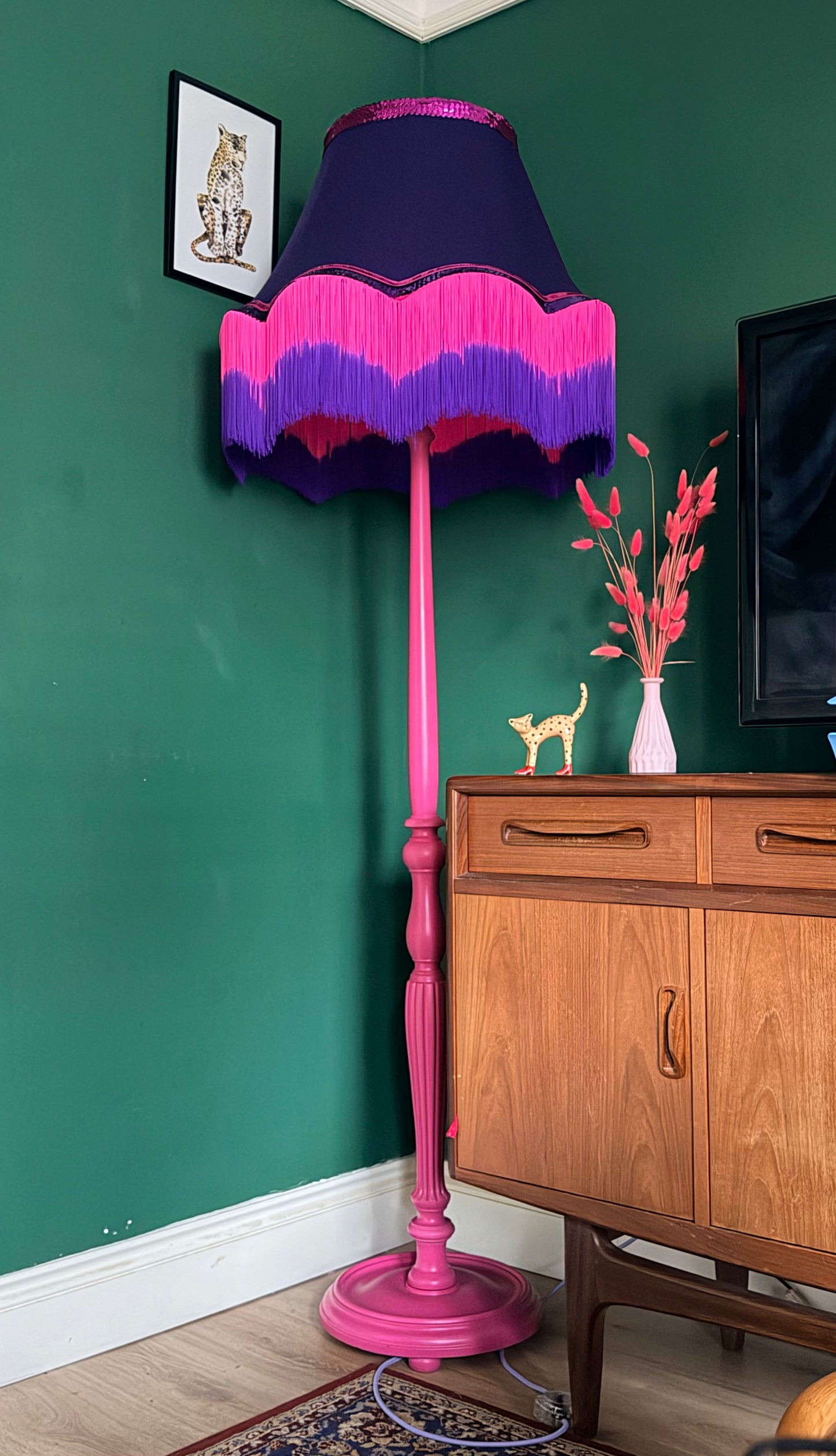 Bright pink vintage lamp stand with sequin lampshade