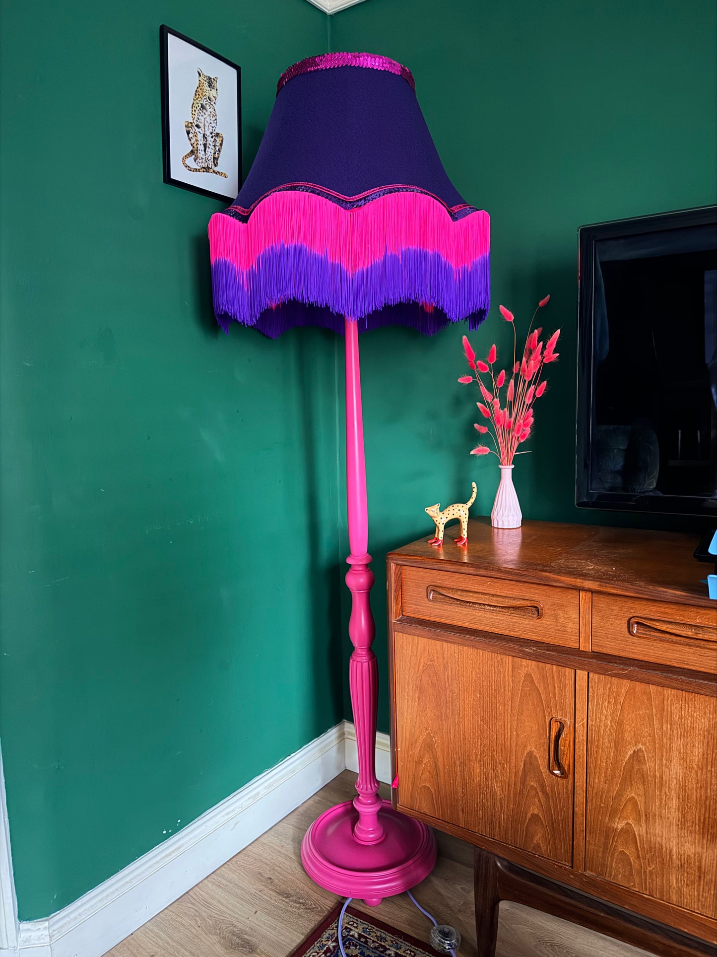 Bright pink vintage lamp stand with sequin lampshade
