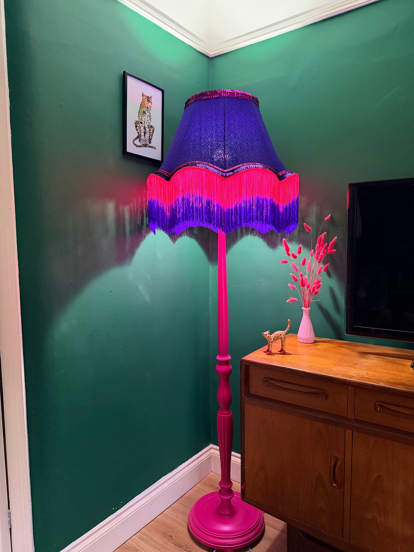 Bright pink vintage lamp stand with sequin lampshade
