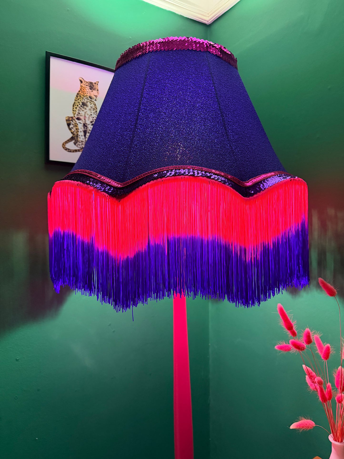 Bright pink vintage lamp stand with sequin lampshade
