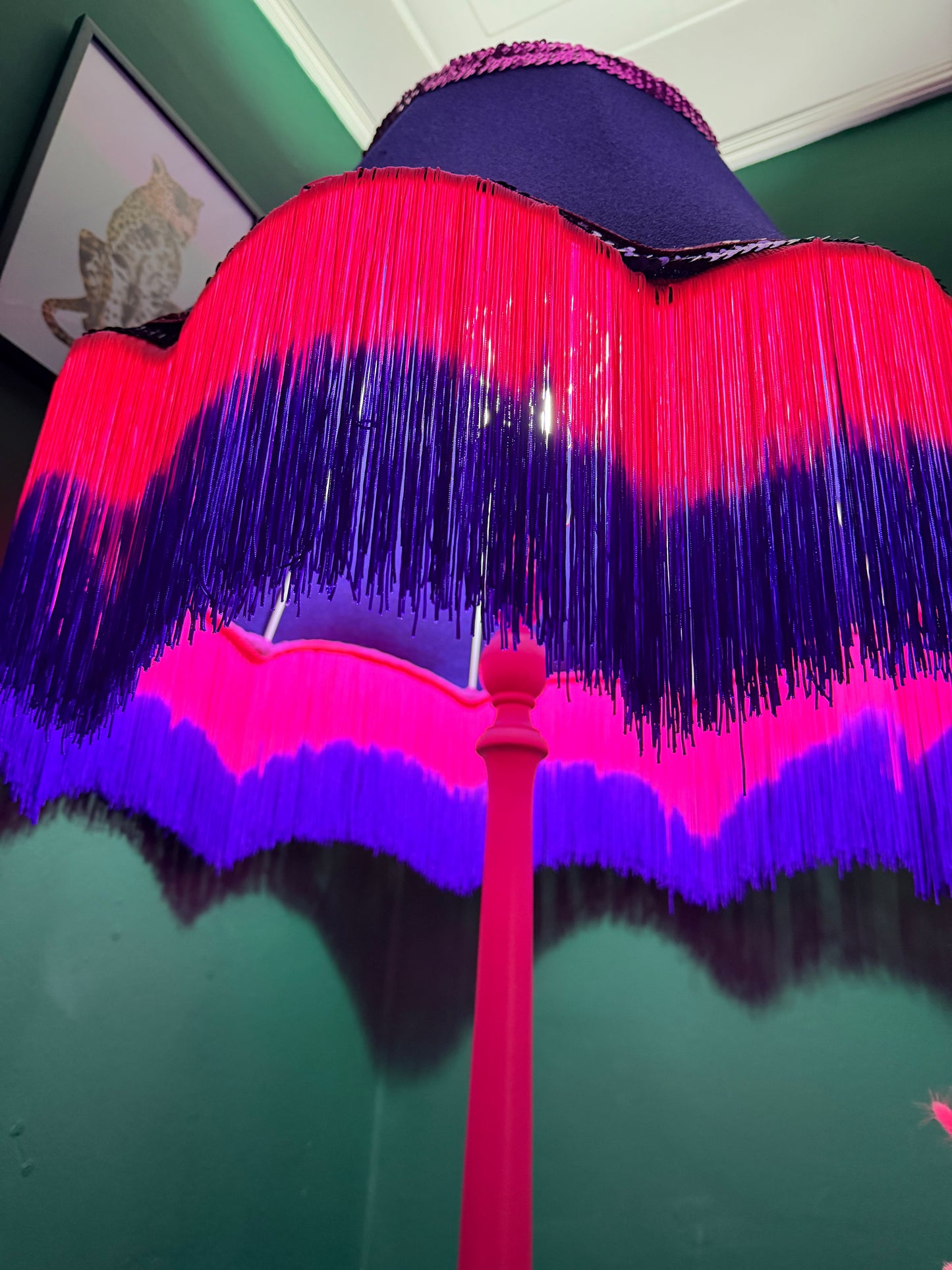 Bright pink vintage lamp stand with sequin lampshade