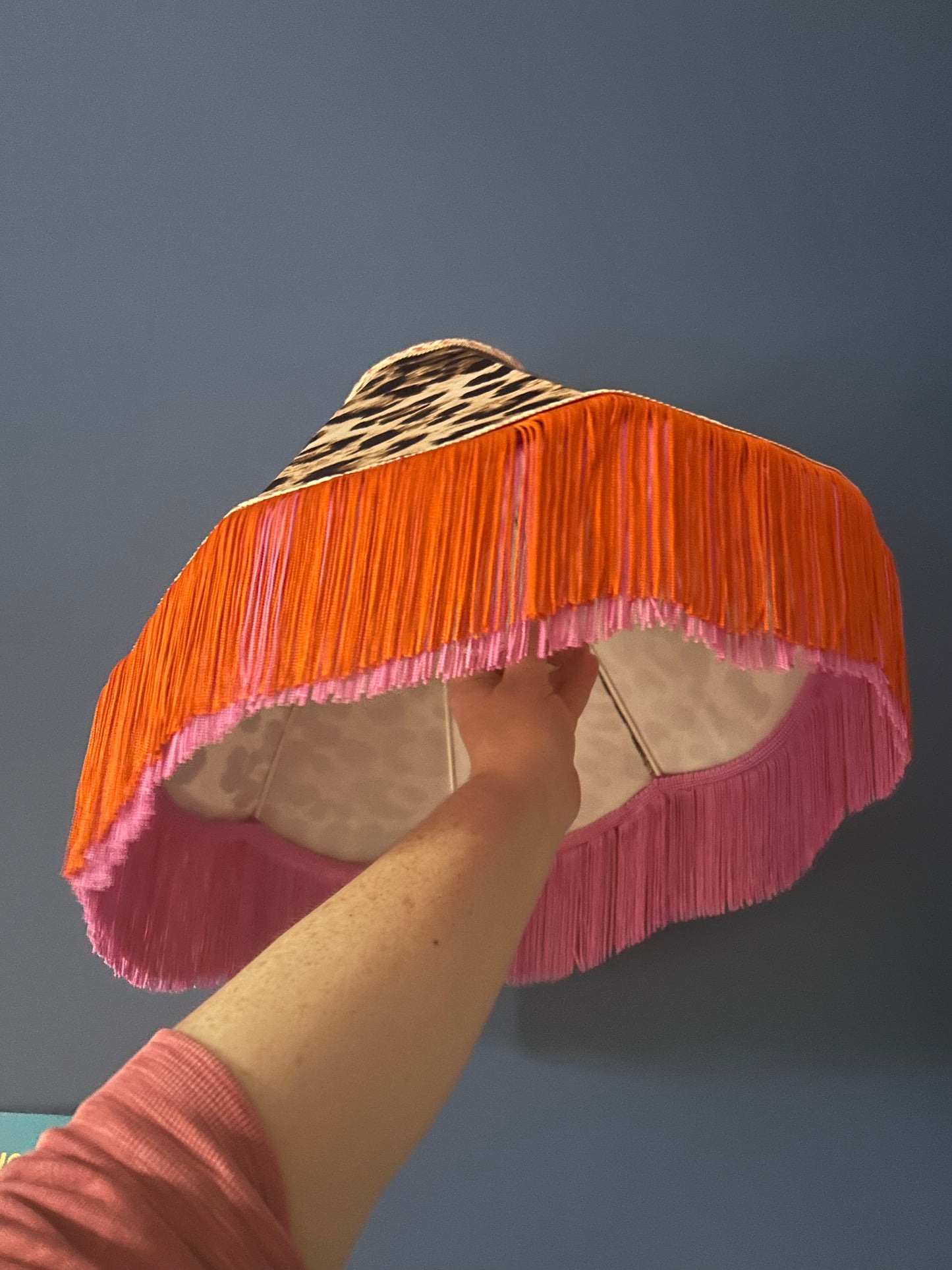 Leopard print velvet lampshade with colourful trim