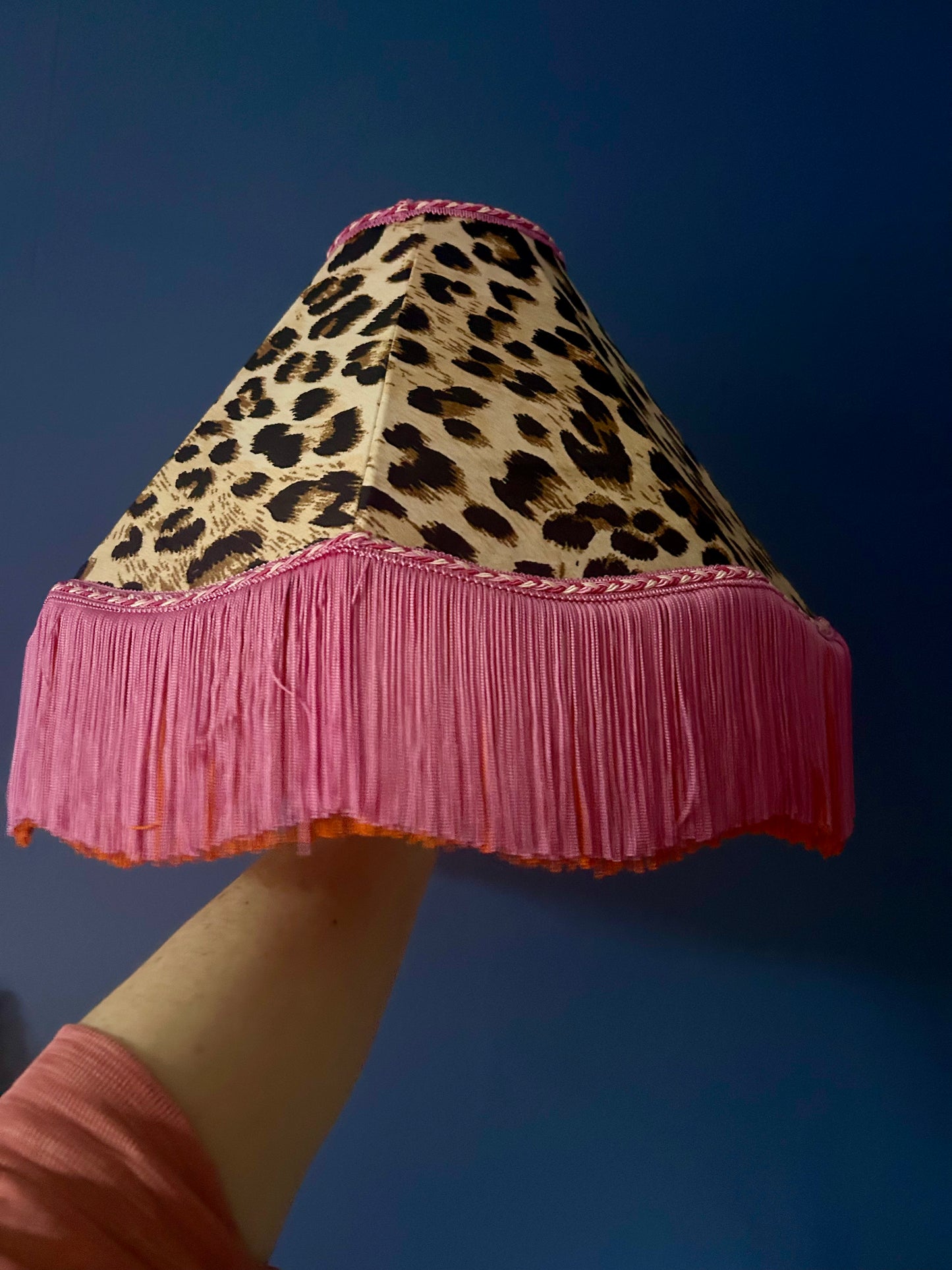 Leopard print velvet lampshade with colourful trim