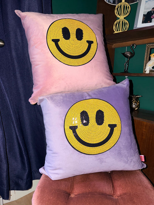 Pastel velvet smiley cushions