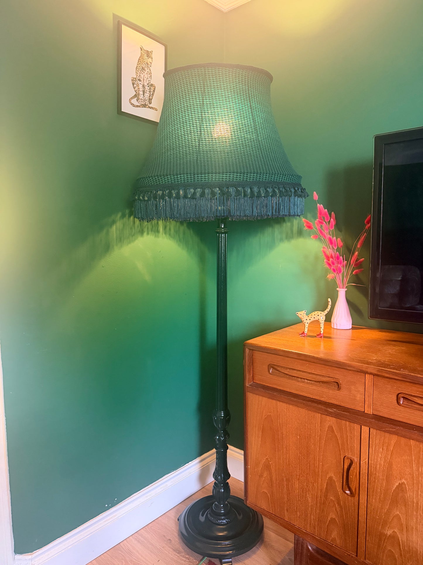 Victorian green vintage lamp stand and lampshade
