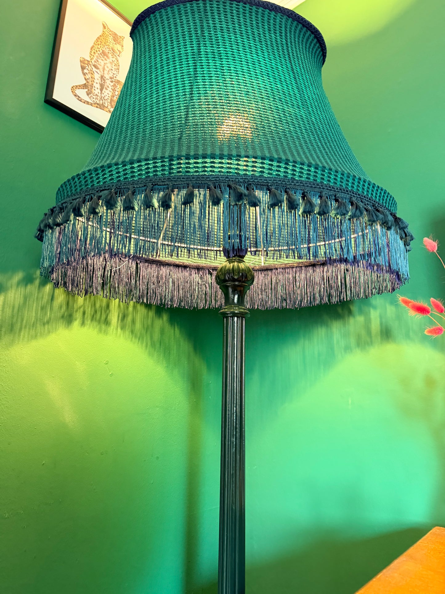 Victorian green vintage lamp stand and lampshade