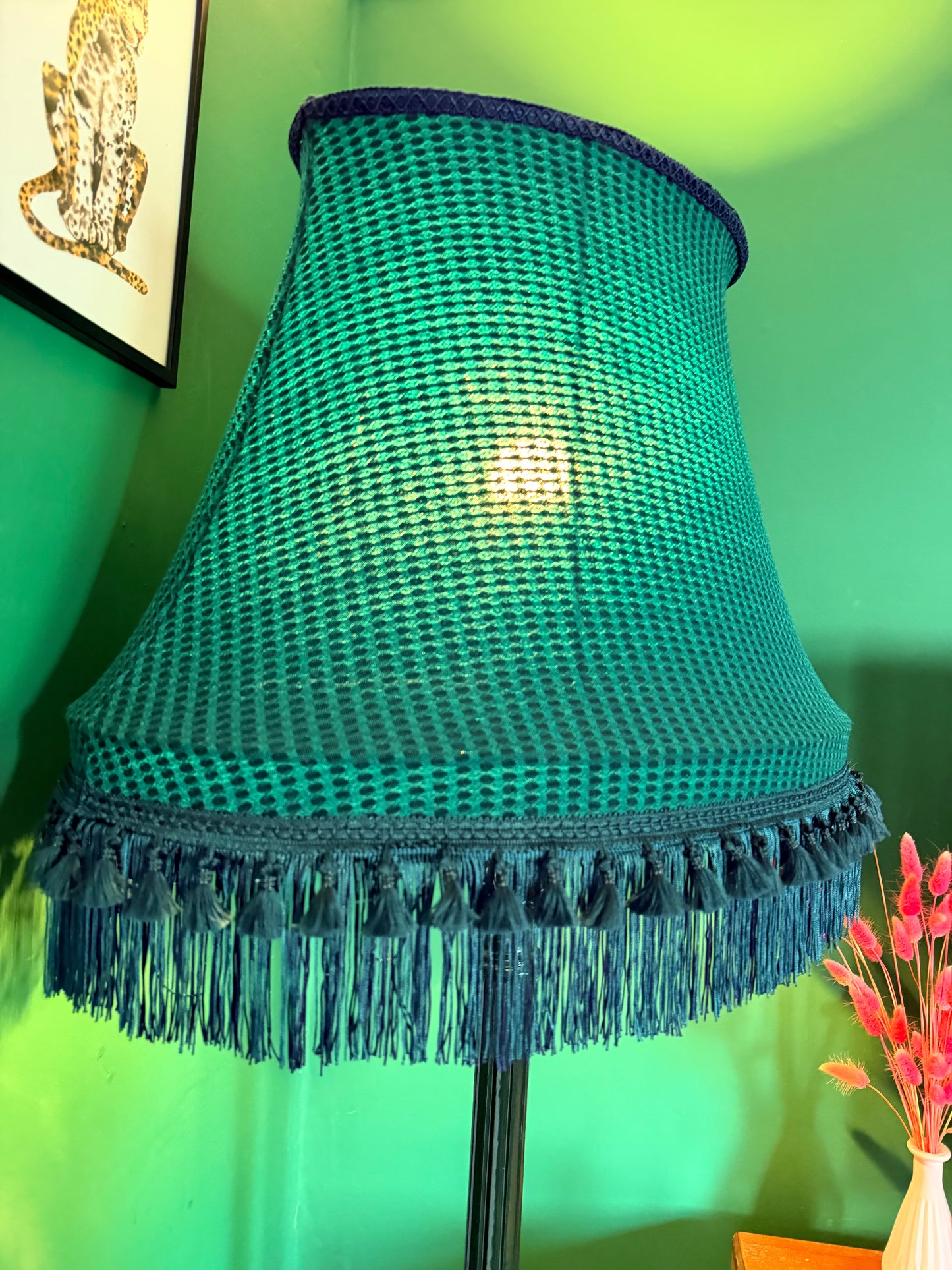 Victorian green vintage lamp stand and lampshade