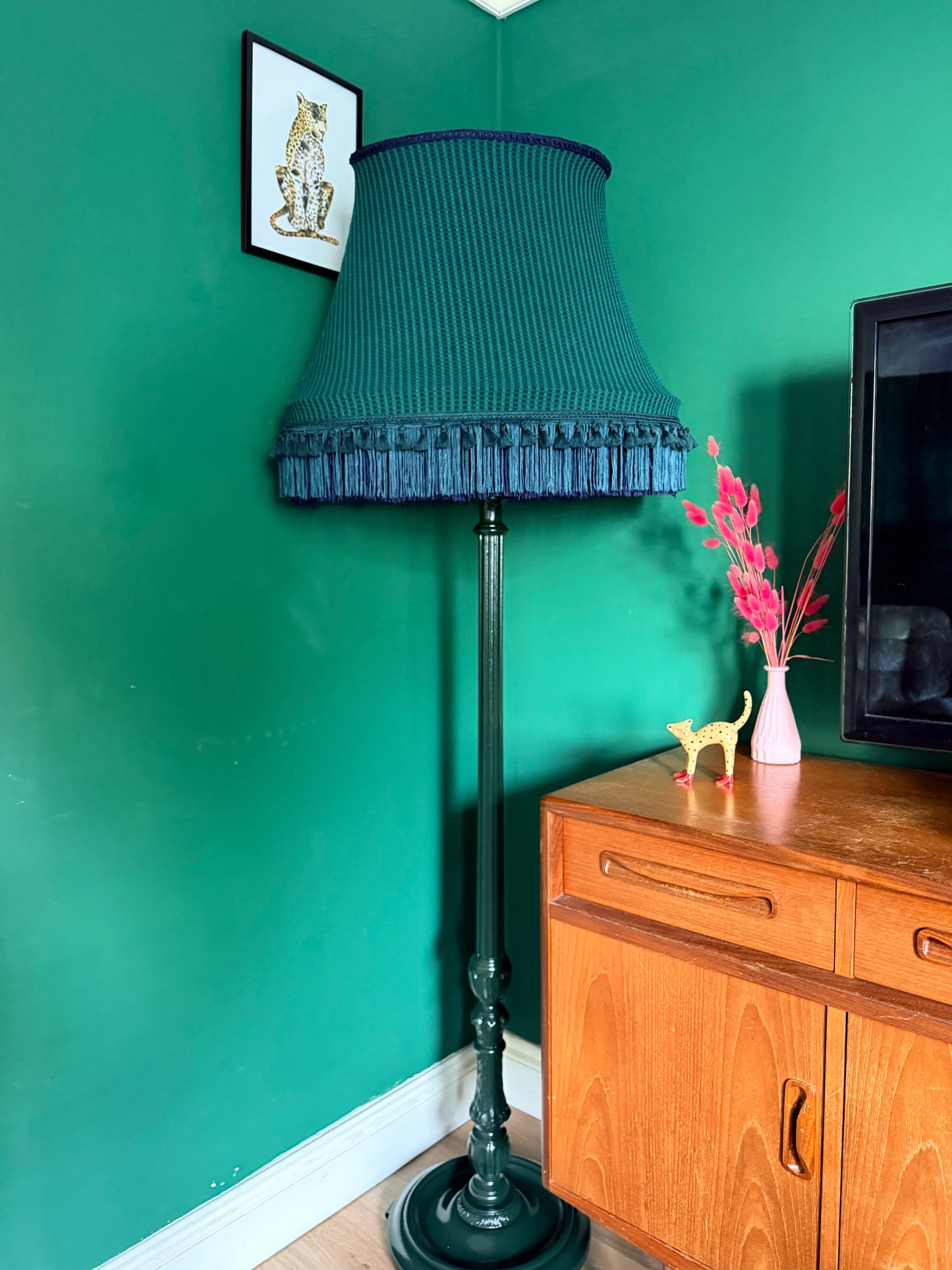 Victorian green vintage lamp stand and lampshade